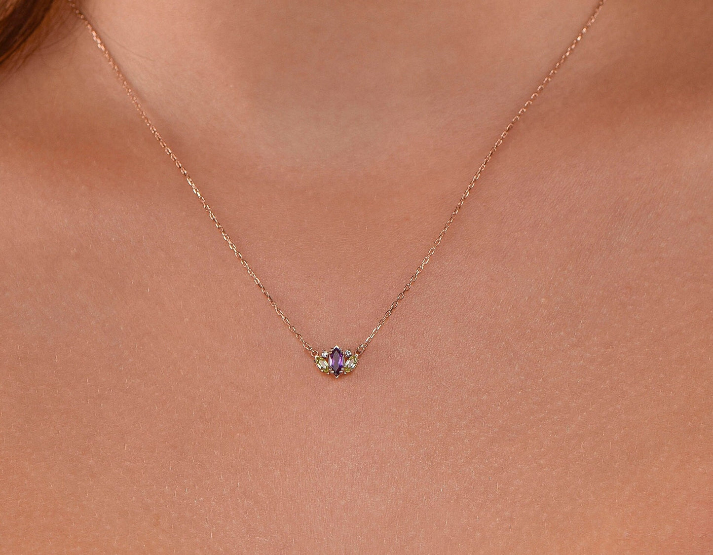 Gold Amethyst Stone Necklace, Peridot Stone Necklace, Amethyst and Peridot Stone Necklace, Marquise Cut Necklace,Christmas Gift Necklace