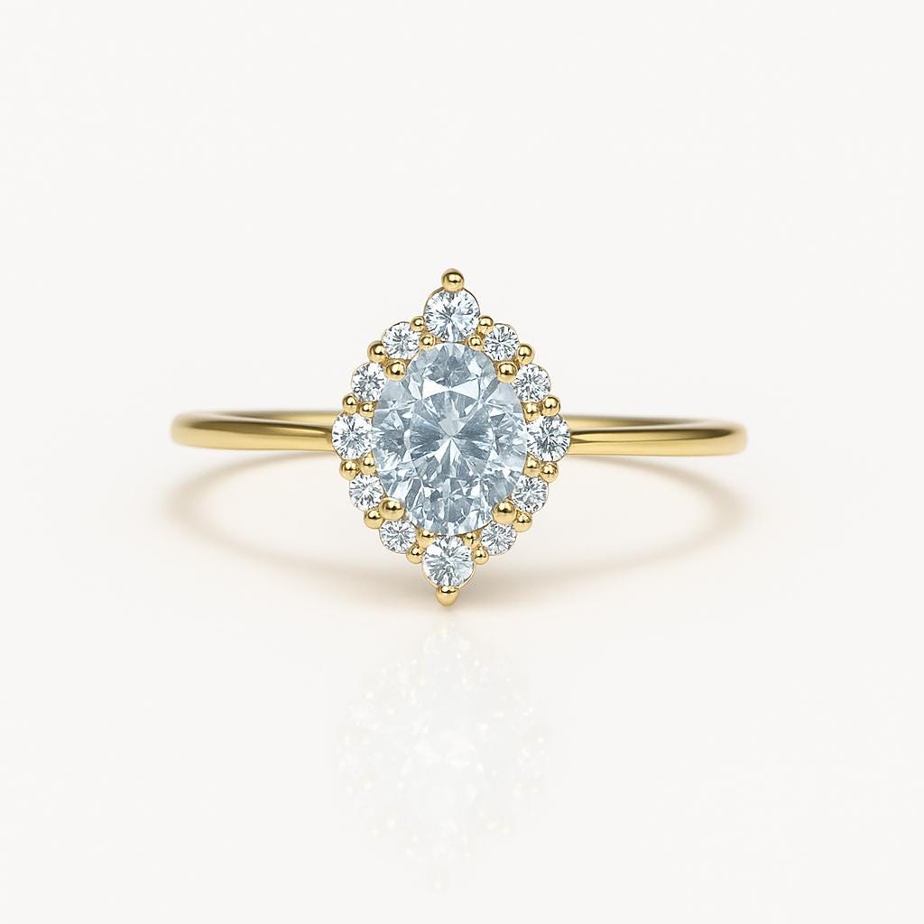 Halo Diamond Engagement Ring – 14K White Gold, 1.10ct, Customizable Stone, Handmade Dainty Ring