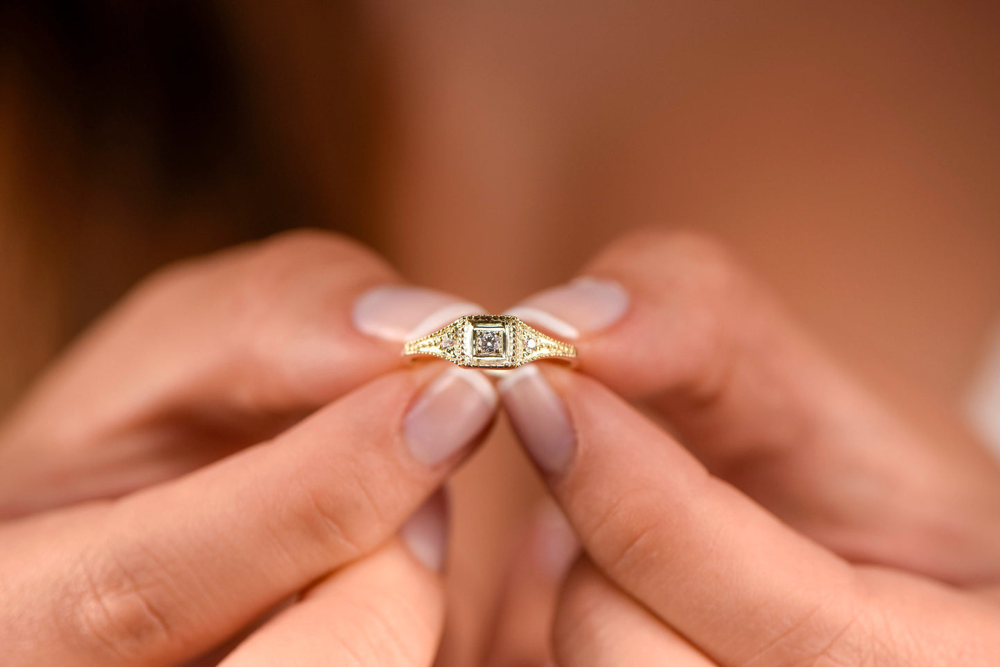 Vintage Style Diamond Engagement Ring in 14K Gold, Square Bezel Set Ring with Accent Stones, Elegant Thin Band Ring
