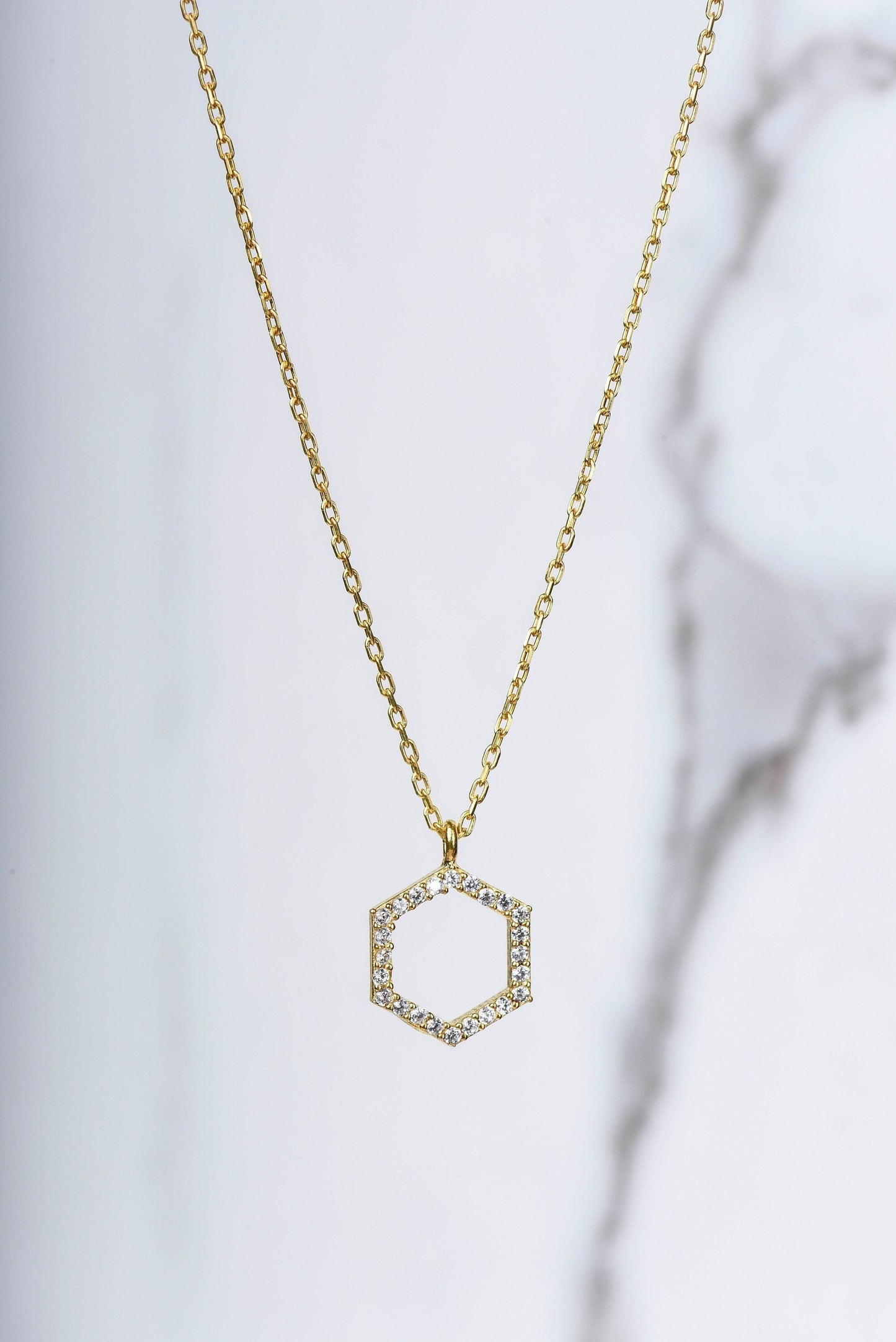 14K Yellow Gold Hexagon Diamond Necklace - Geometric Minimalist Pendant Gift for Her