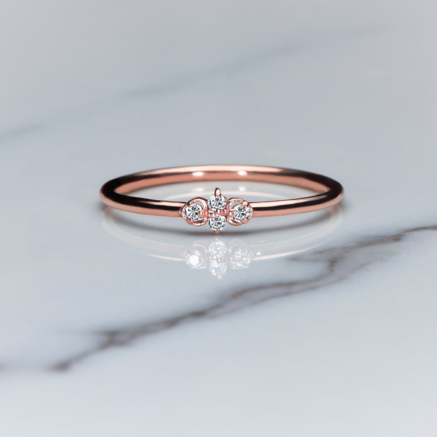 14K Rose Gold Minimalist Diamond Ring, Dainty Thin Band with Four Round Cut Diamonds, Everyday Fine Jewelry for Her