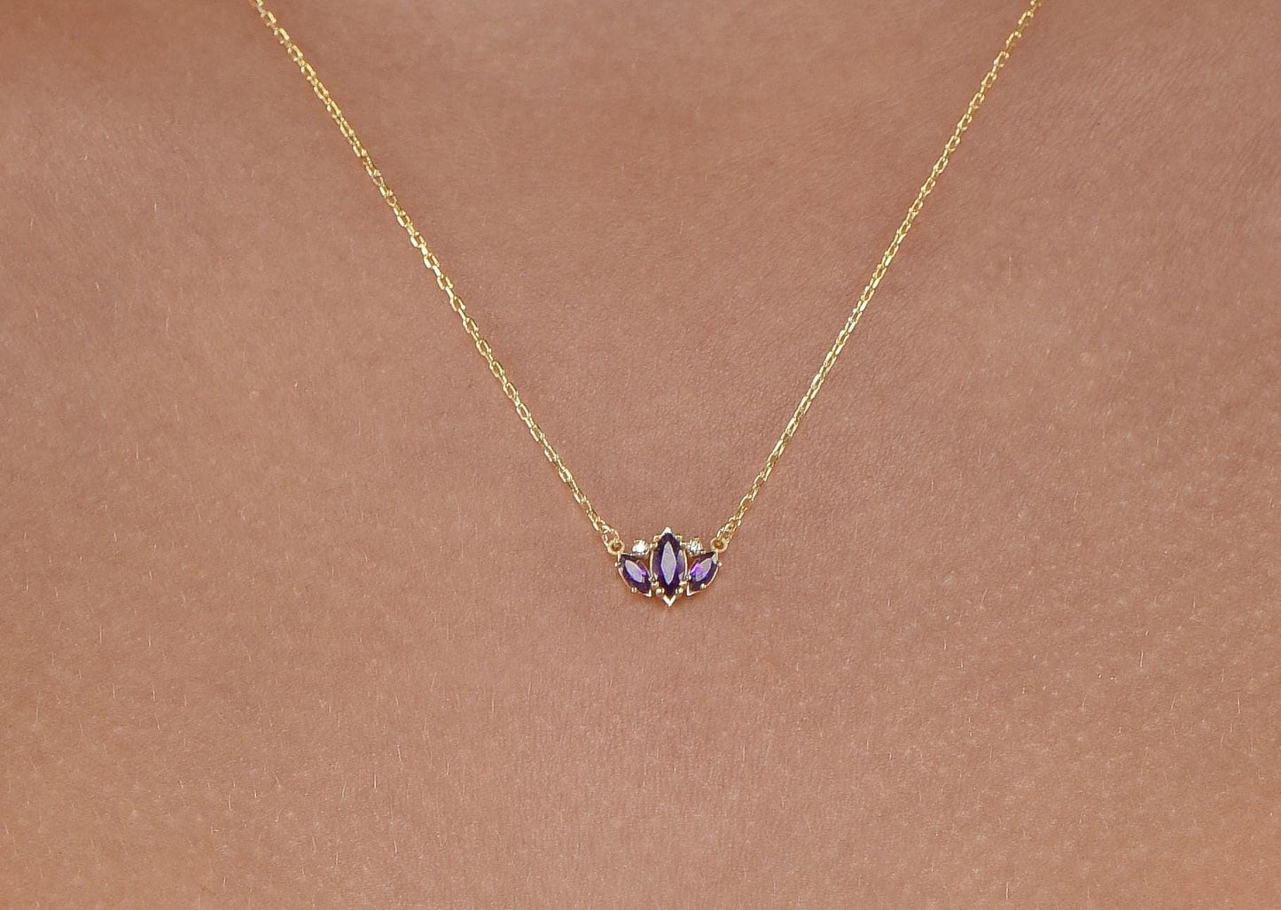 14K Yellow Gold Amethyst and Diamond Necklace - Marquise Cut Minimalist Pendant Gift for Her