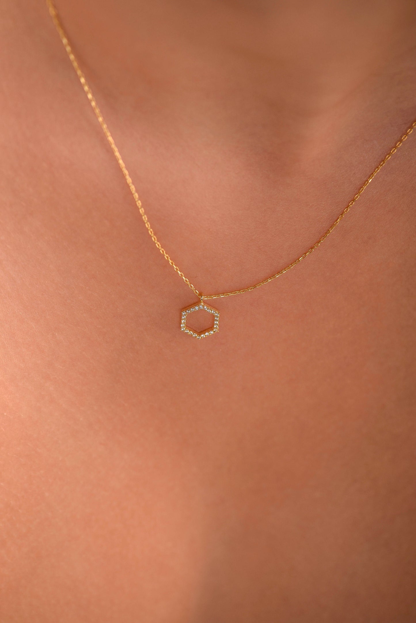 14K Yellow Gold Hexagon Diamond Necklace - Geometric Minimalist Pendant Gift for Her