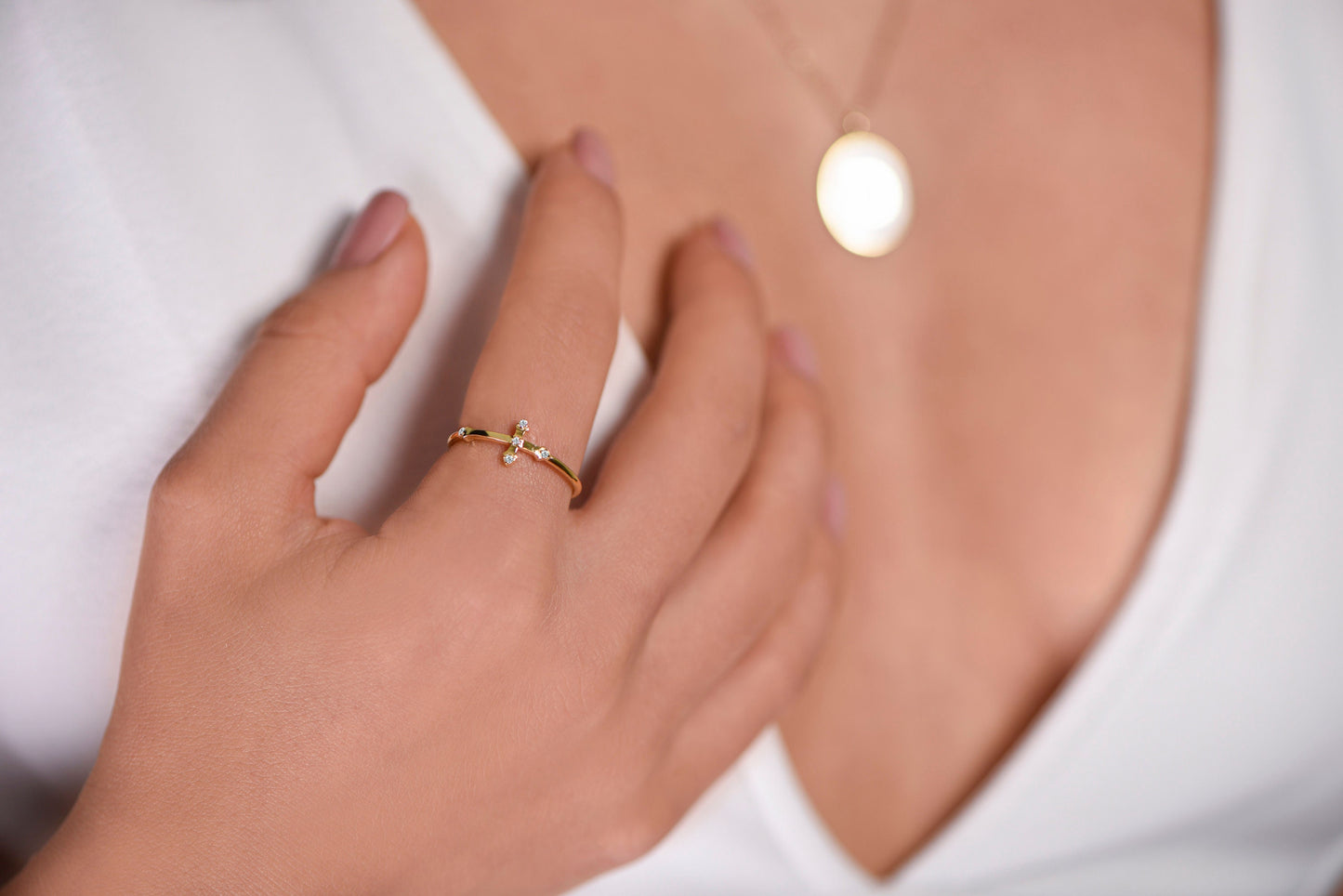 Solid 14K Gold Cross Ring – Minimalist Diamond Cross Ring, Christian Fine Jewelry