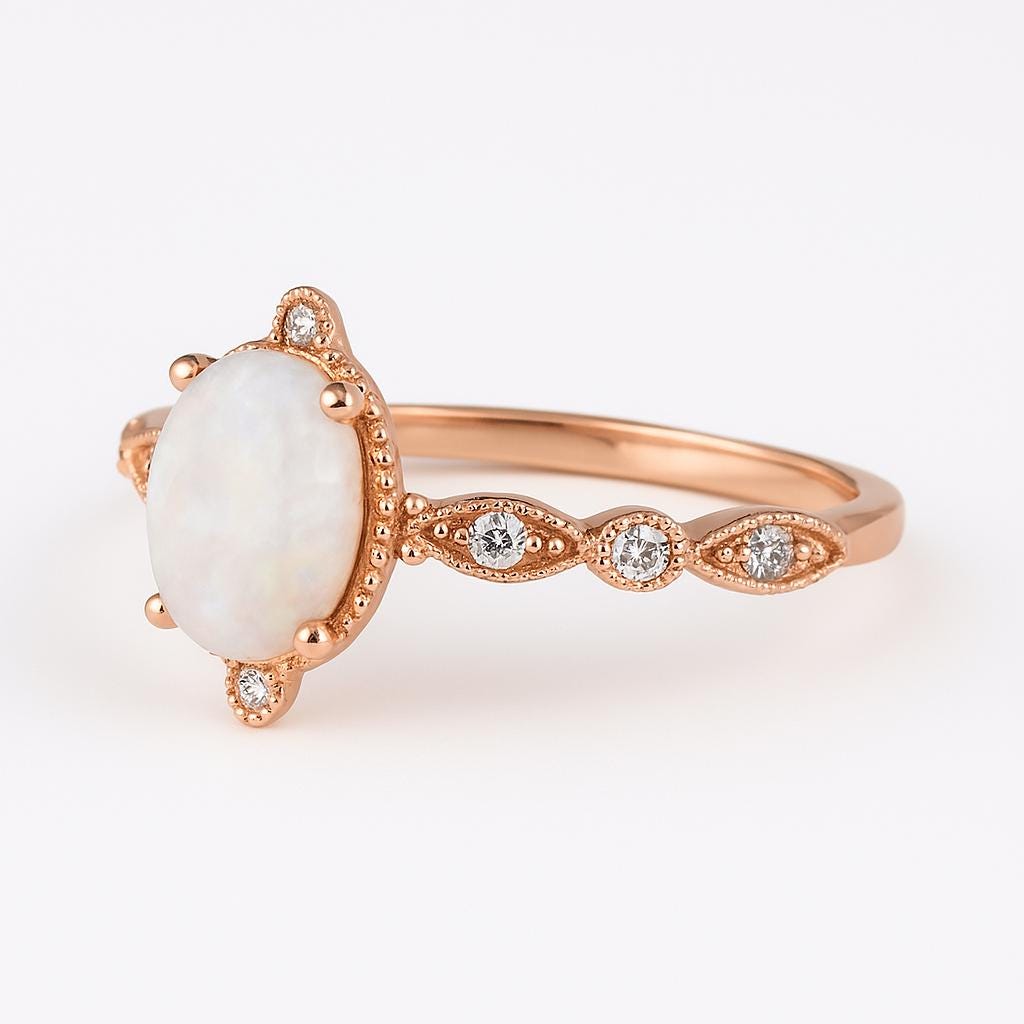Vintage Opal and Diamond Ring in Solid 14k Gold – Rose Gold Oval Engagement Ring – October Birthstone Gift for Her
