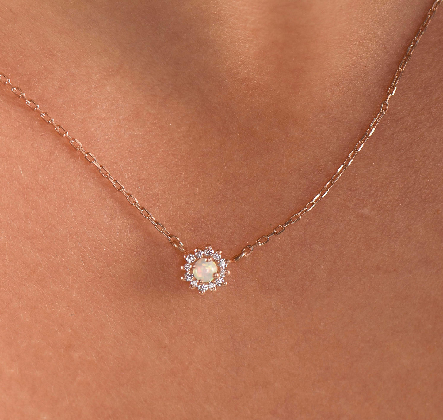 14K Rose Gold Opal and Diamond Halo Necklace - Dainty October Birthstone Pendant Gift for Her