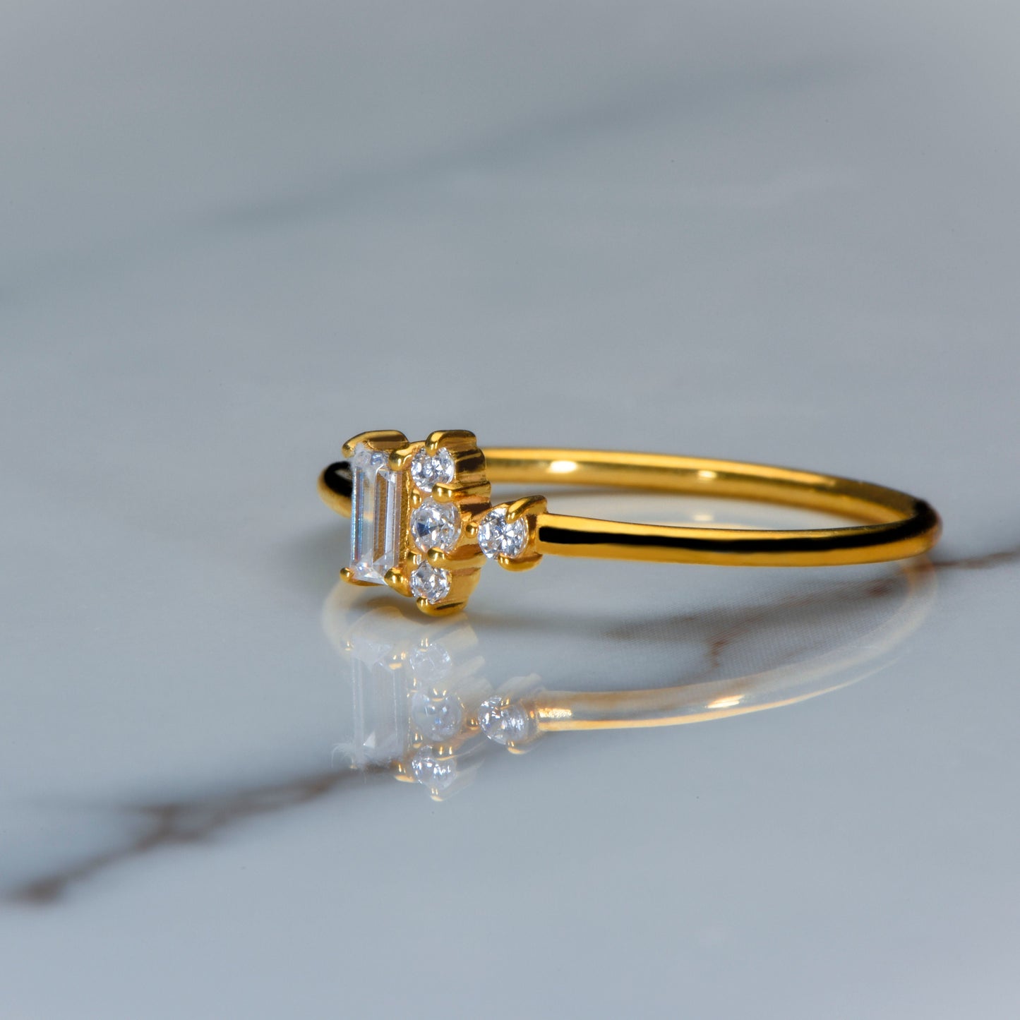 14K Gold Diamond Ring with Baguette and Round Cut Stones, Minimalist Thin Band Engagement Ring, Dainty Fine Jewelry for Her