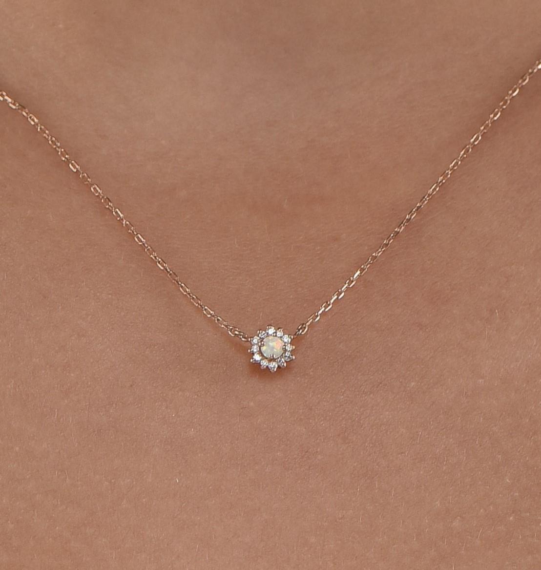 14K Rose Gold Opal and Diamond Halo Necklace - Dainty October Birthstone Pendant Gift for Her