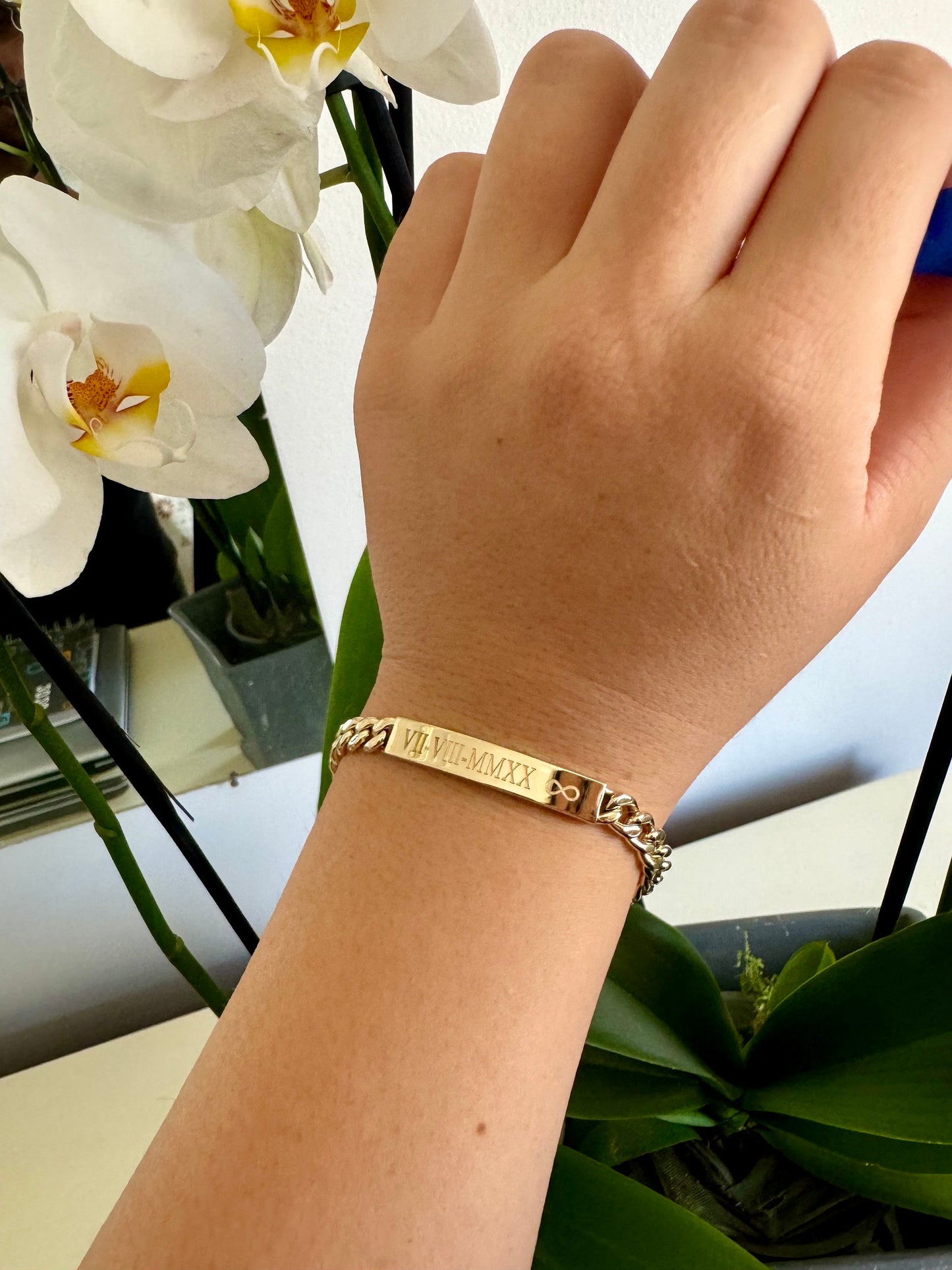 14K Gold ID Bracelet, Name Date Bar Cuban Link Bracelet, Personalized Engraved Bar Gold Bracelet,Valentine’s Day Gift,Gift for Love