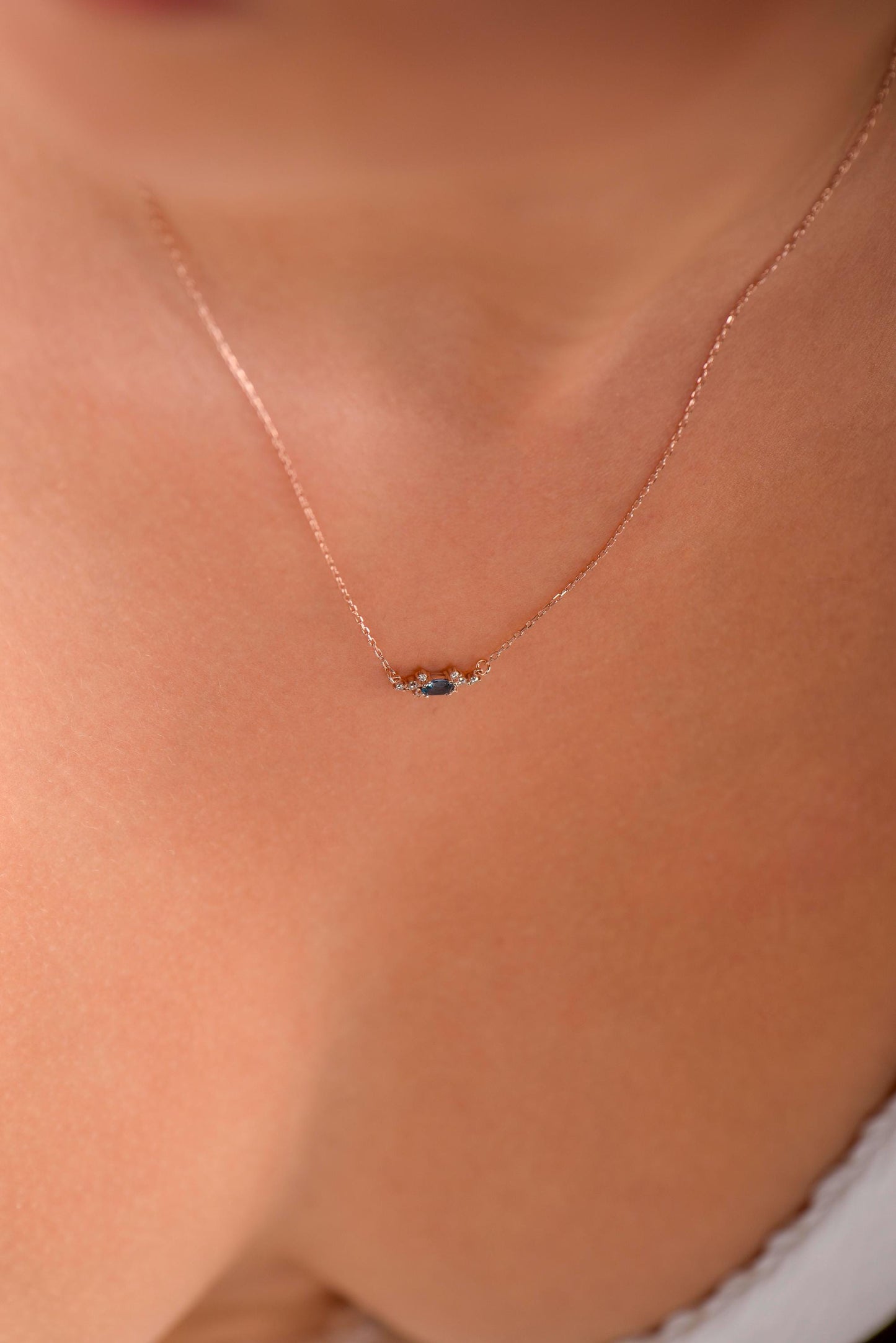 14K Rose Gold Natural Sapphire Necklace with Diamonds - Minimalist Elegant Gift for Her