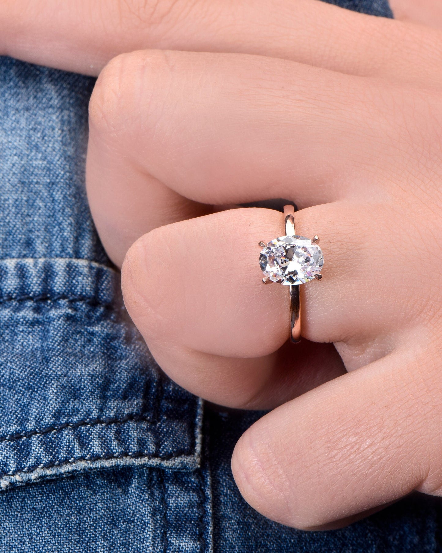 Oval Moissanite Engagement Ring – 2.00ct, 14K Rose Gold, Handmade Solitaire Ring with Accent Stones