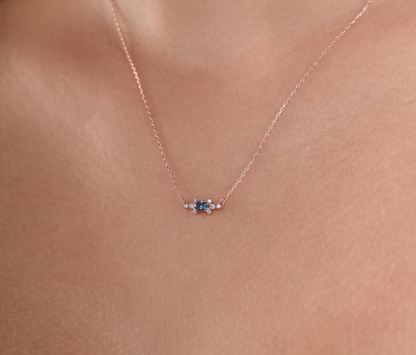 14K Rose Gold London Blue Topaz and Diamond Cluster Necklace - Oval Cut Gemstone Pendant for Her