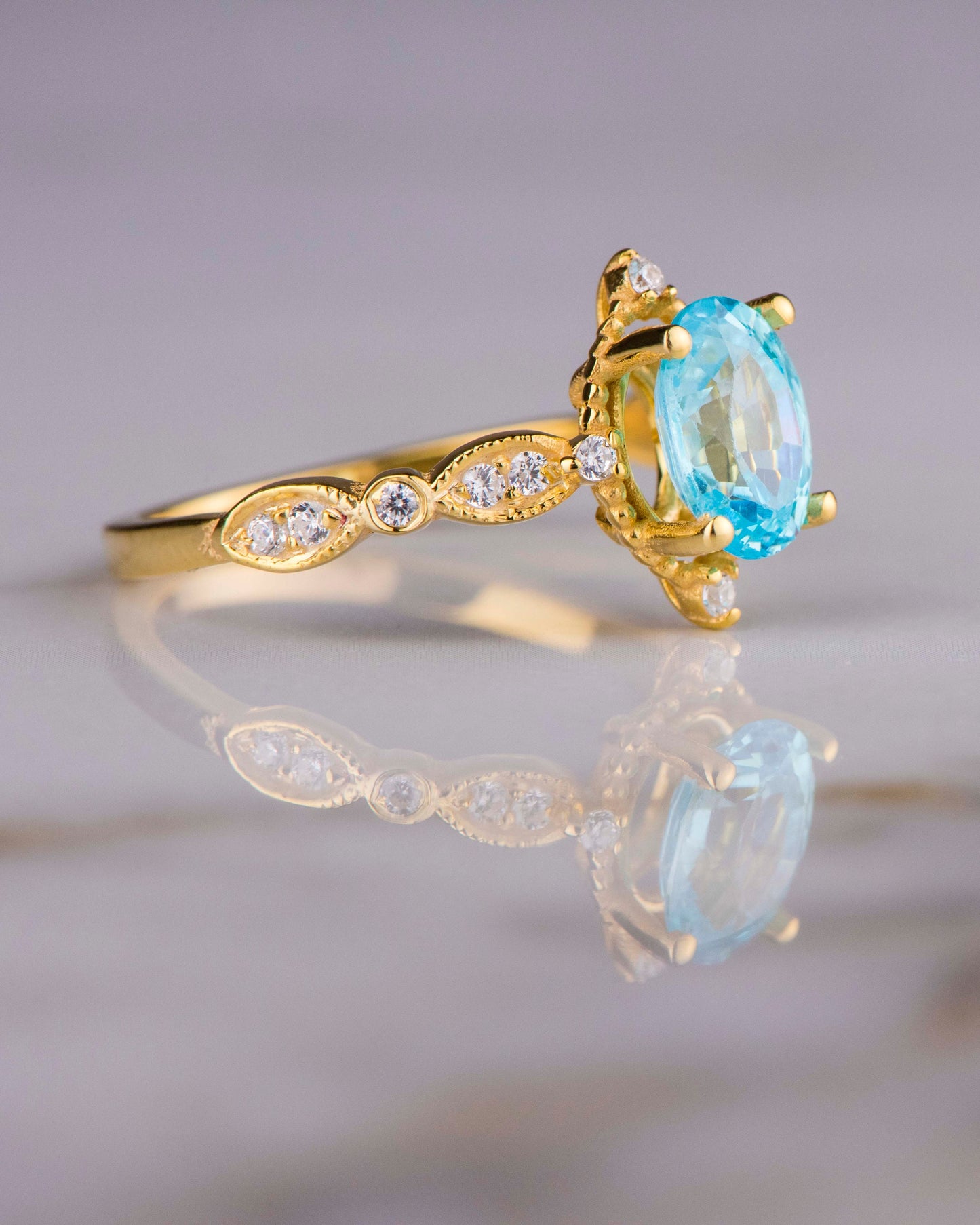 Oval Aquamarine and Diamond Ring in 14k Gold – Vintage Style Engagement or Mother’s Day Ring for Her