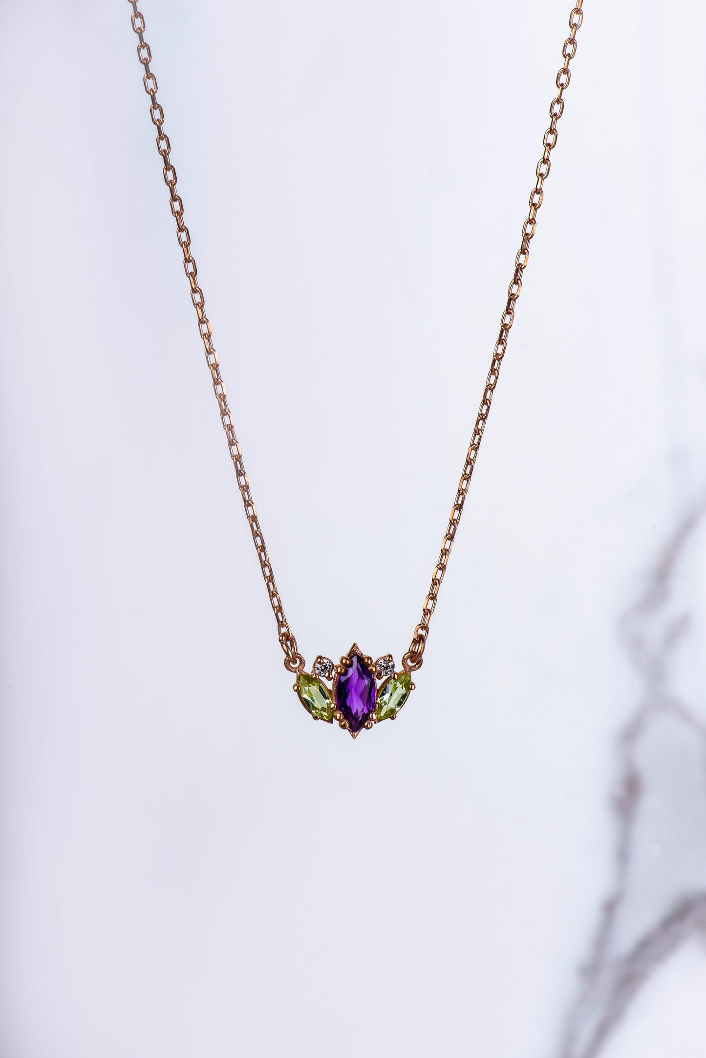 14K Yellow Gold Citrine and Garnet Necklace with Diamonds - Marquise Cut Gemstone Pendant for Her