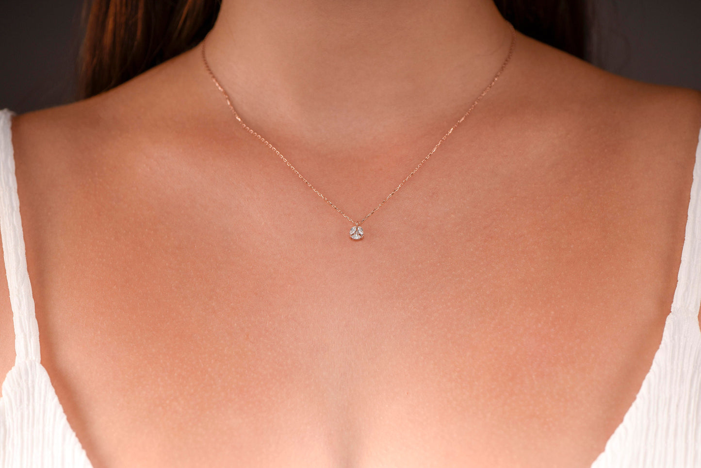 14K Rose Gold White Sapphire Necklace - Marquise Cut Cluster Pendant for Her
