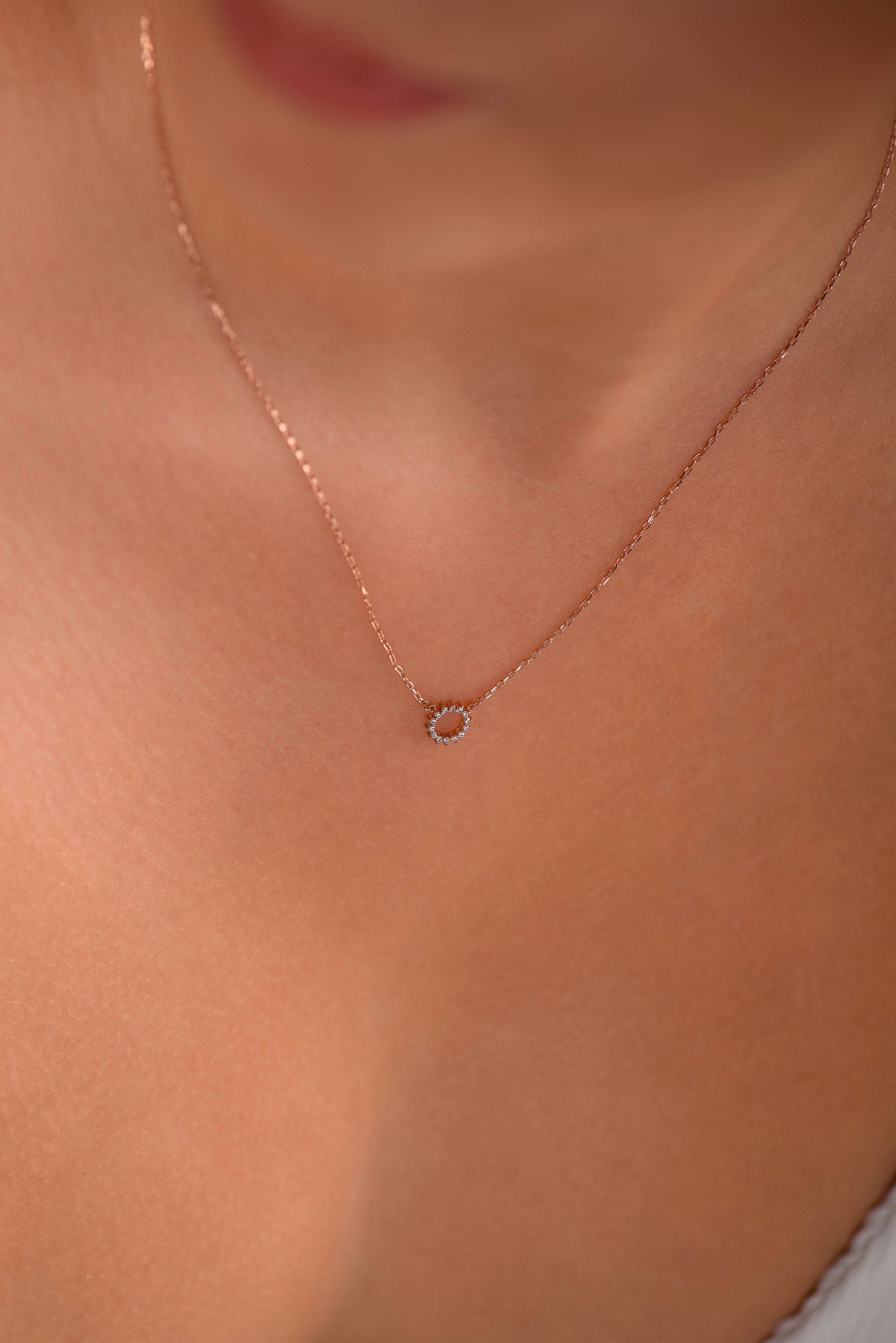 14K Yellow Gold Sunburst Diamond Necklace - Dainty Circle Pendant Gift for Her