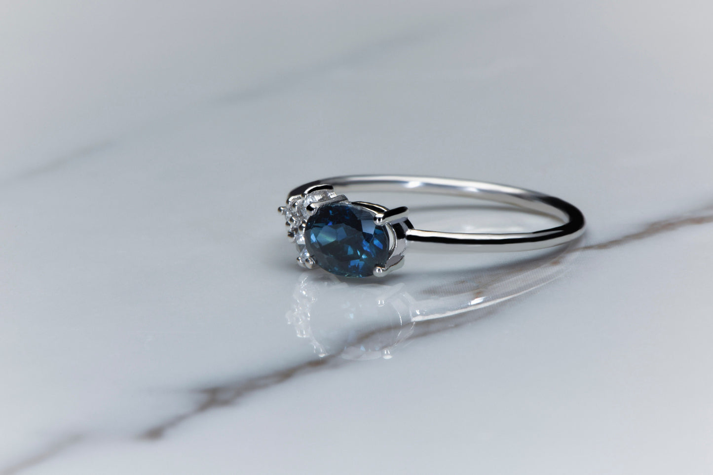 Lab Created Sapphire and Diamond Ring in 14k White Gold – Modern Minimalist Engagement or Gift Ring