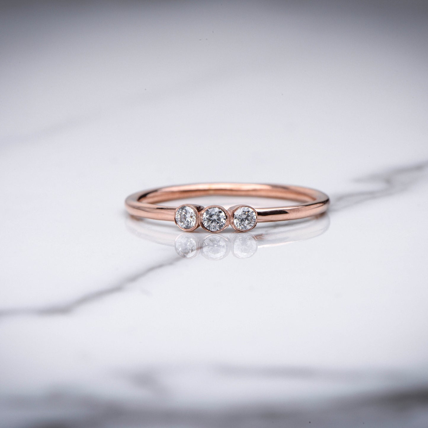 Three Stone Bezel Set Ring in 8K 14K 18K Gold | Customizable Birthstone Diamond Zircon Option | Dainty Trio Ring