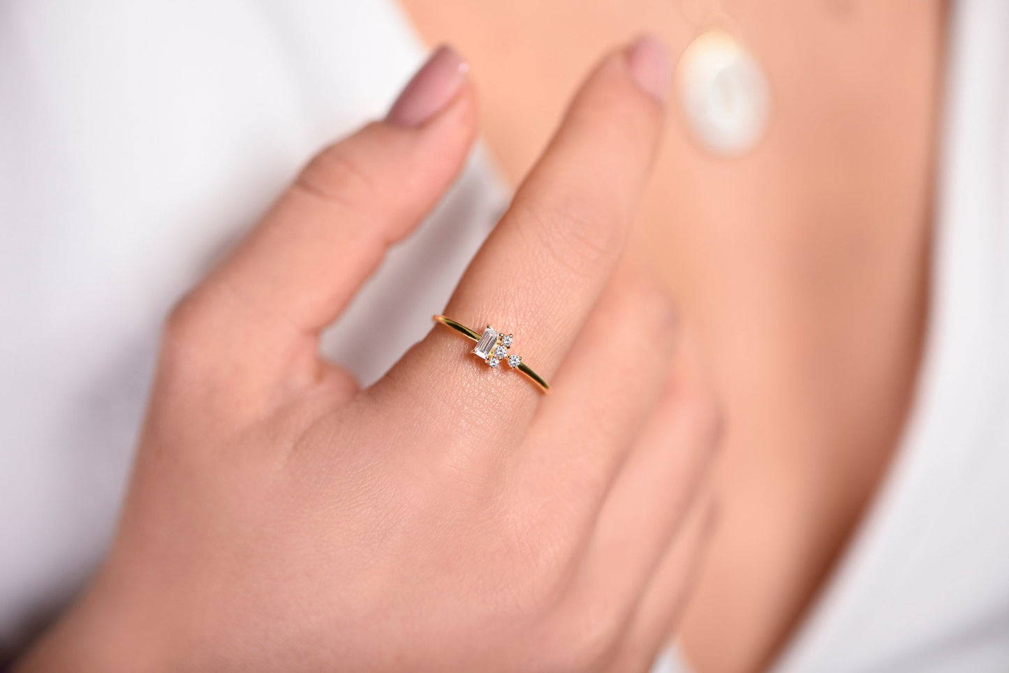 14K Gold Diamond Ring with Baguette and Round Cut Stones, Minimalist Thin Band Engagement Ring, Dainty Fine Jewelry for Her