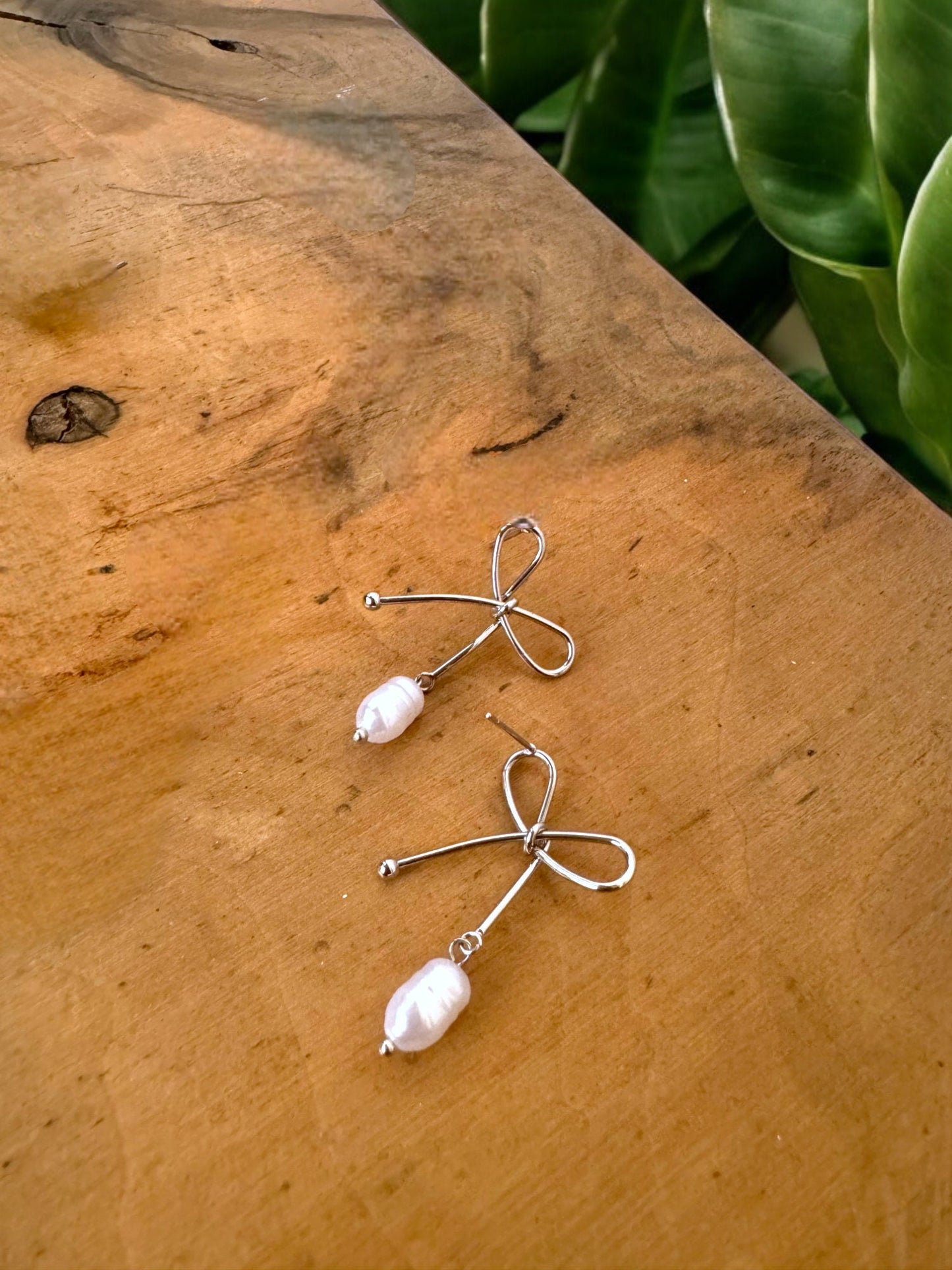 Ribbon Pearl Earrings, Solid Gold Ribbon Pearl Earrings, Pendant Pearl Earrings, Bridal Gift Ribbon Pearl Earrings, Christmas Gift Earrings