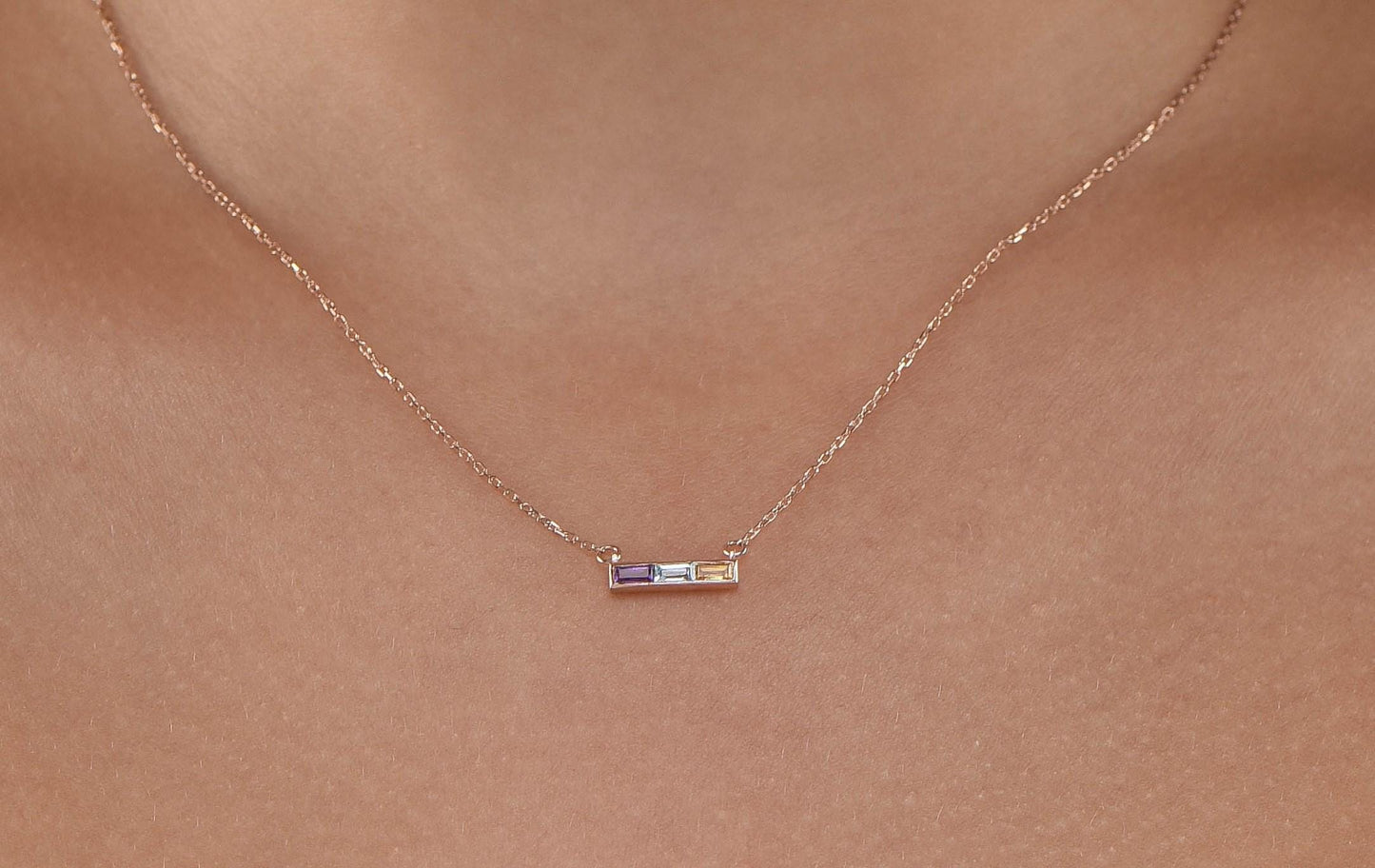 14K Yellow Gold Baguette Amethyst, Aquamarine, Citrine Necklace - Modern Triple Gemstone Bar Pendant