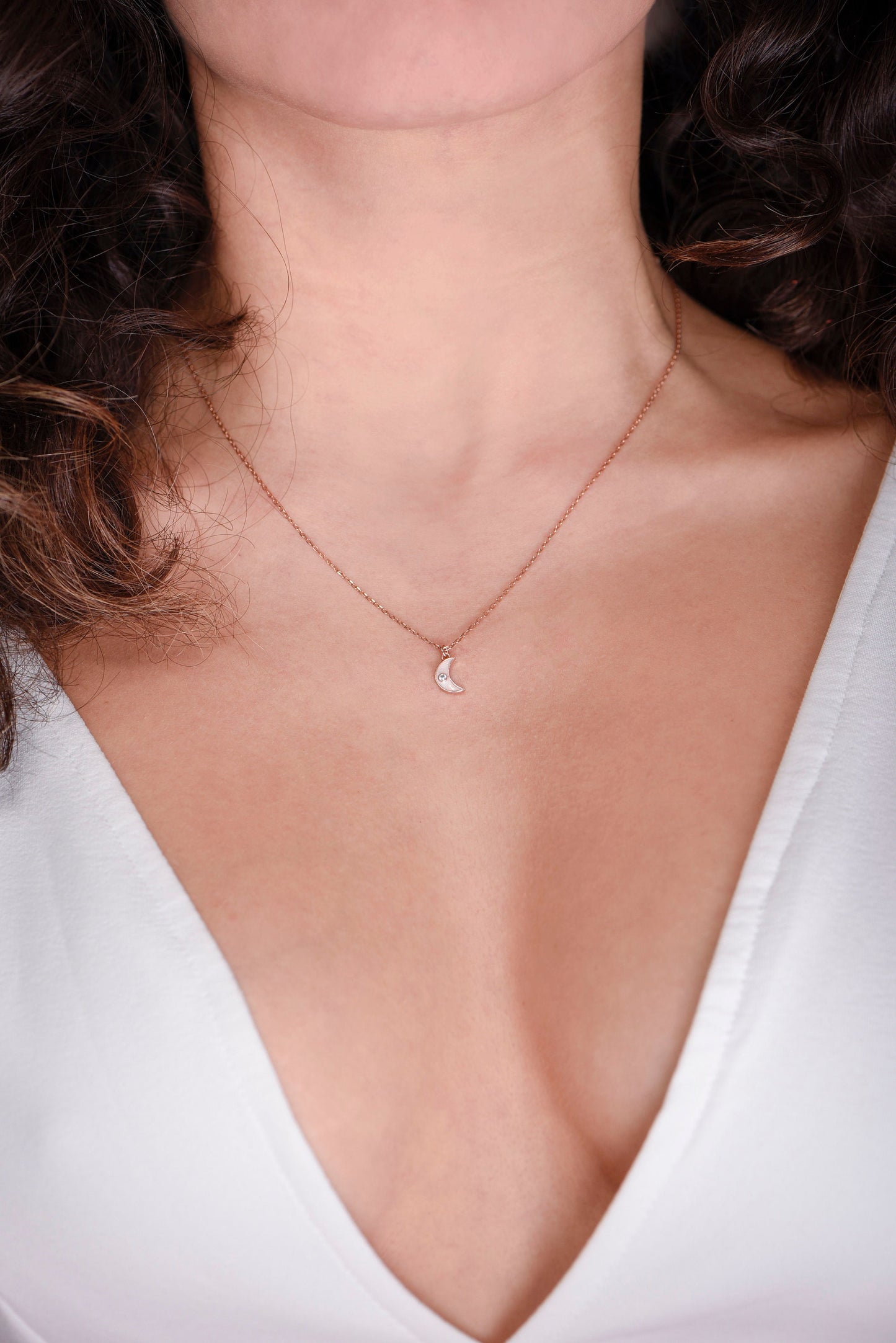 Moon Necklace,Tiny Solid Gold Moon Necklace with Shimmering Diamonds and Enamel Accent,Dainty Crescent Necklace,Christmas Gift Necklace