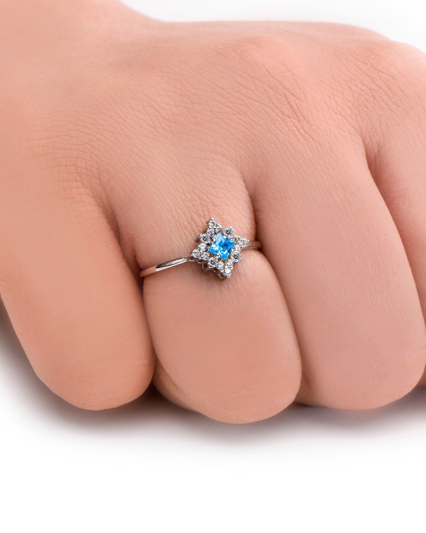 Princess Cut Blue Gemstone Halo Ring – 14K White Gold with Natural Diamonds | Vintage Inspired Handmade Mother’s Day Gift