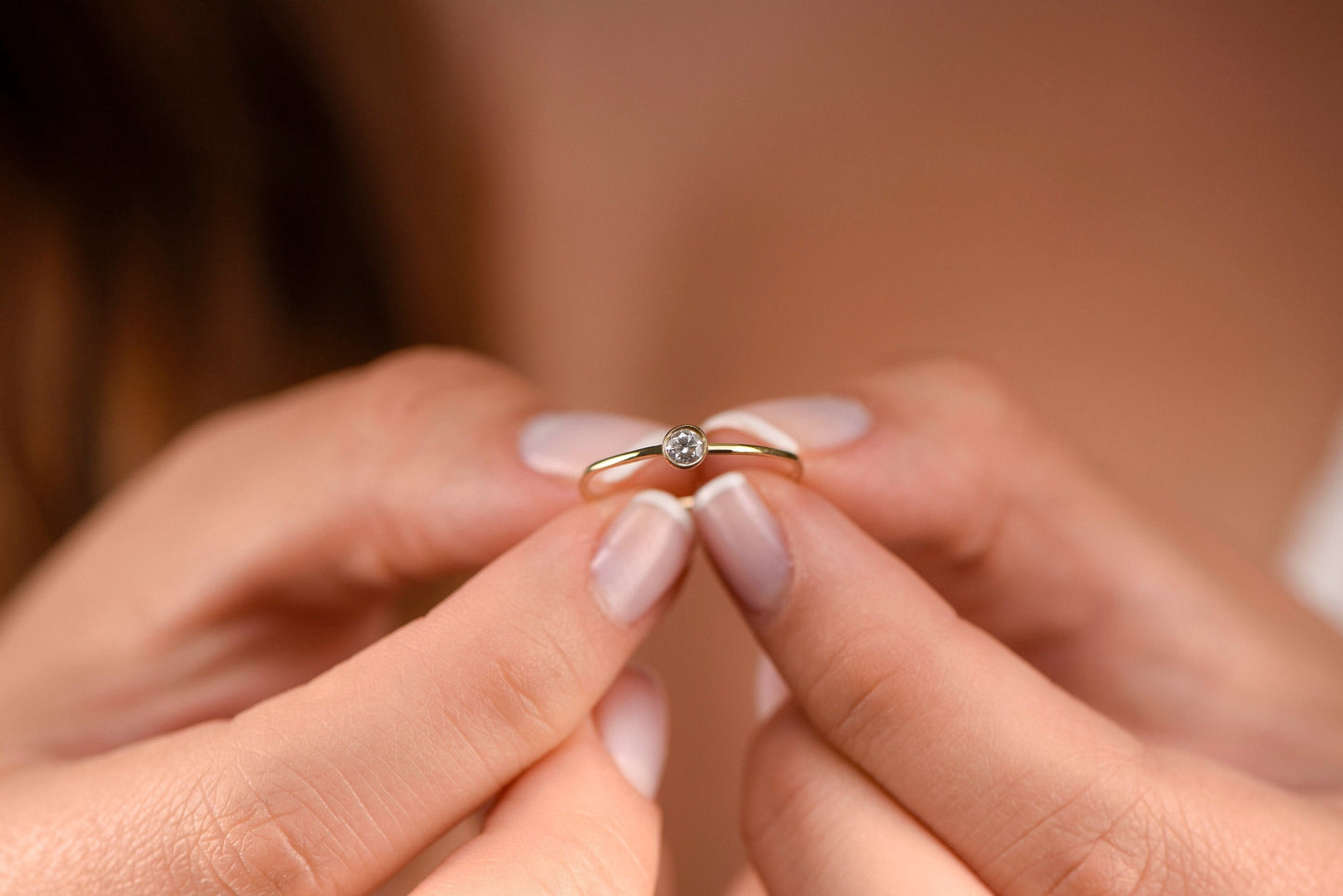 14K Gold Bezel Set Solitaire Ring – Dainty Diamond Stackable Minimalist Ring for Women