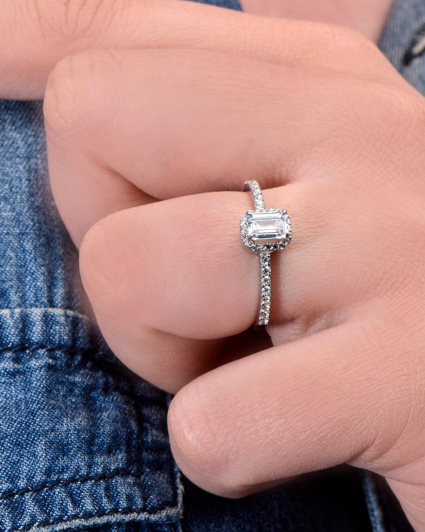 Emerald Cut Moissanite Halo Engagement Ring – 14K White Gold, GIA Certified, Dainty Handmade Ring, Customizable Gemstone Option