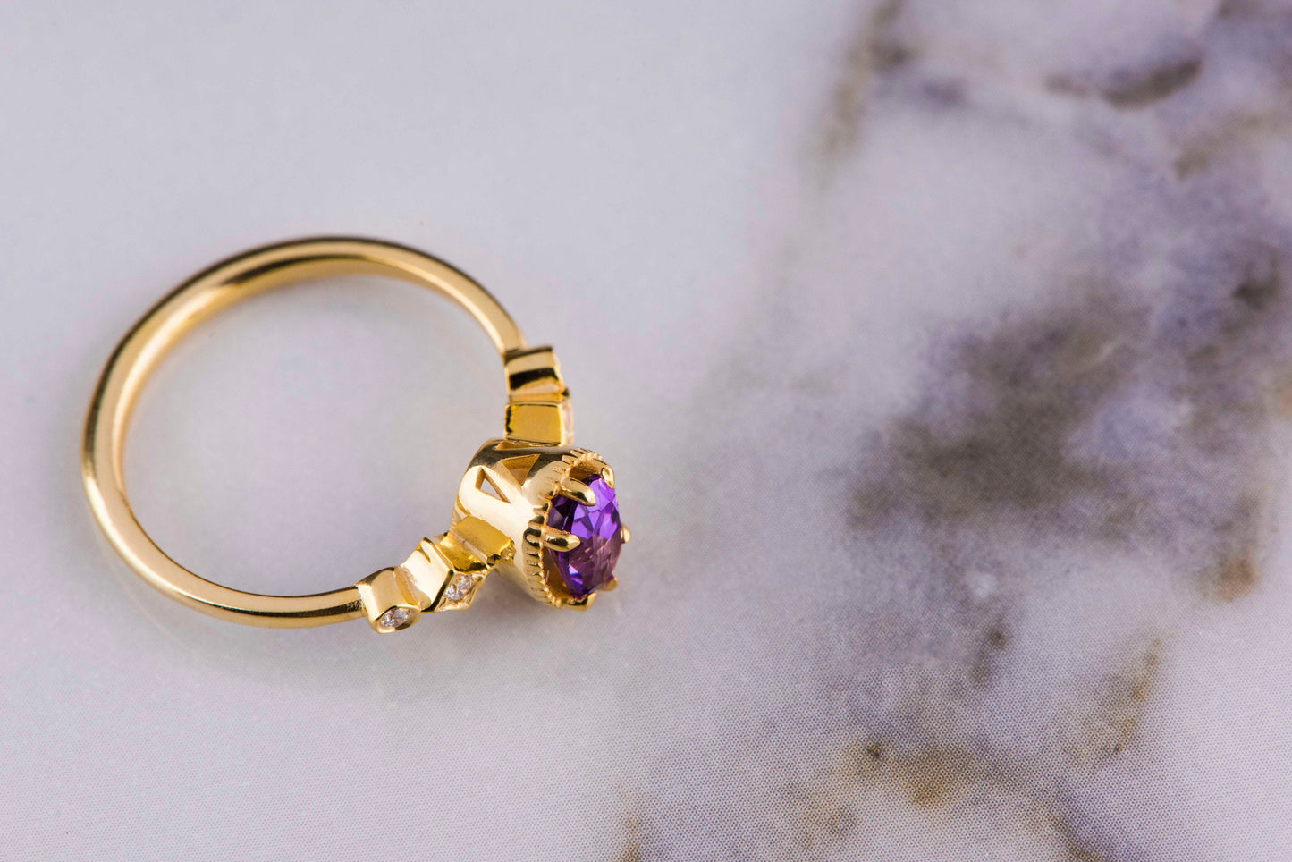 Oval Amethyst and Diamond Ring in 14k Gold – February Birthstone Engagement or Mother’s Day Gift