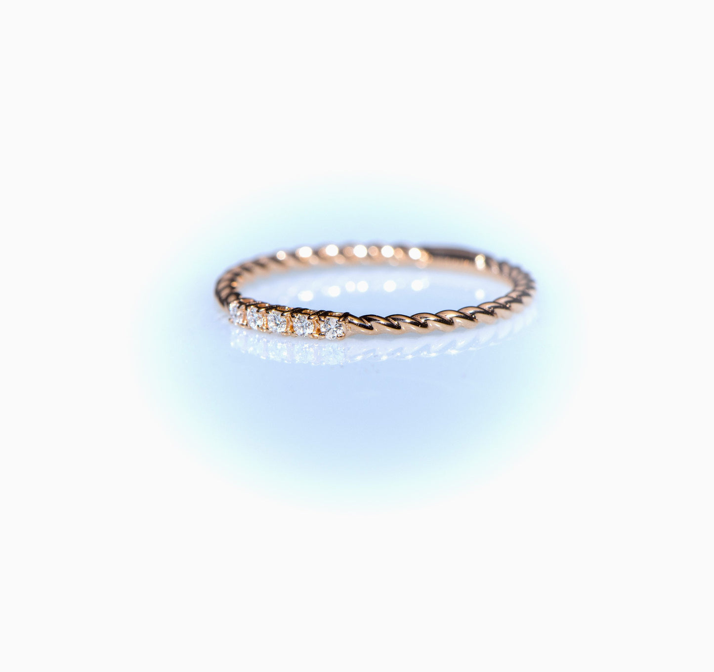 14K Rose Gold Twisted Band Diamond Ring, Dainty Stackable Ring with Round Cut Diamonds, Minimal Fine Jewelry