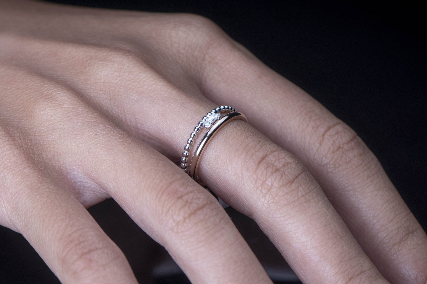 Baguette Diamond Ring,Double Band Baguette Diamond Wedding Ring Made of Rose and White Gold,Luxurious and Chic,Gift For MOM