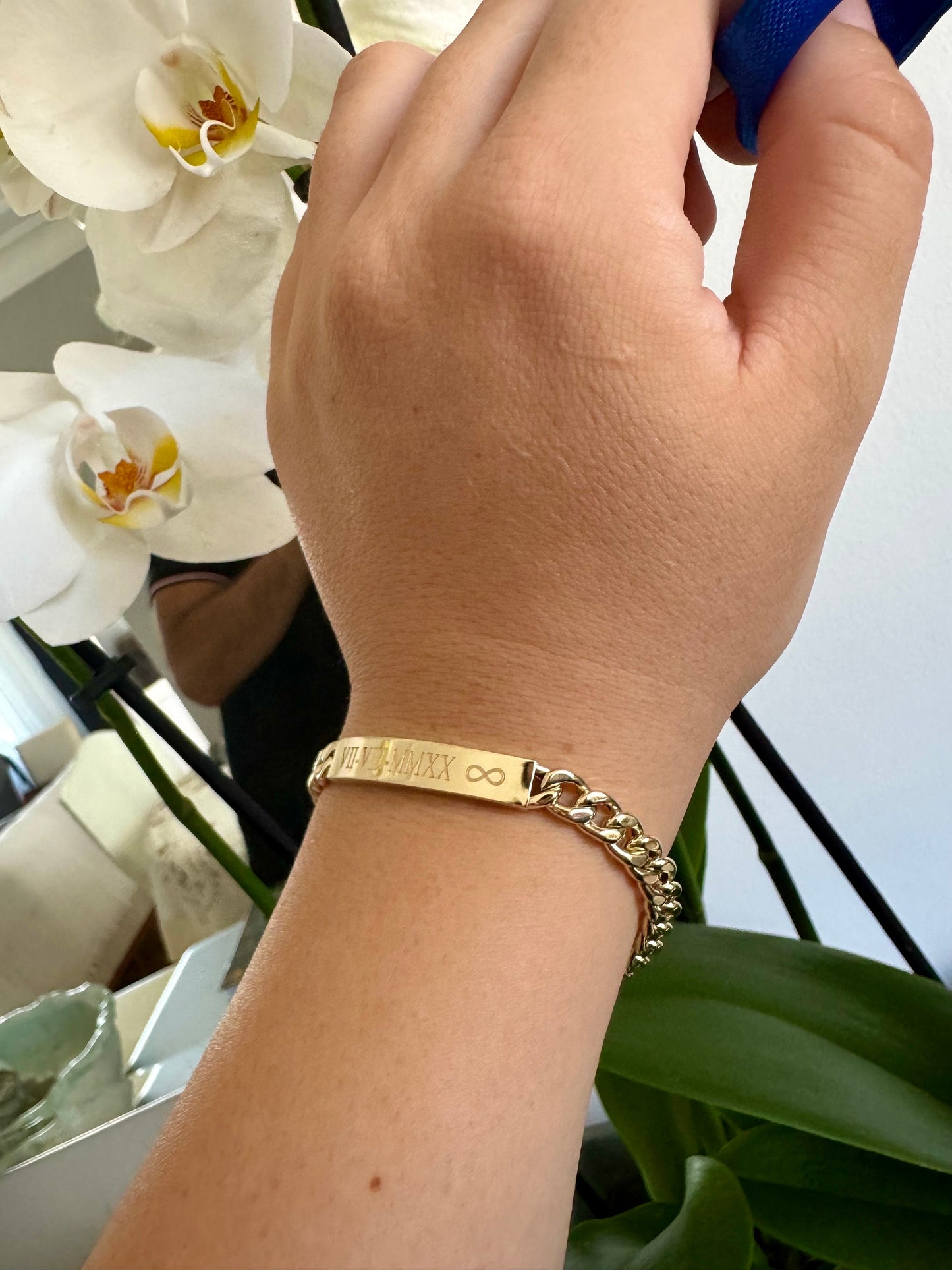 14K Gold ID Bracelet, Name Date Bar Cuban Link Bracelet, Personalized Engraved Bar Gold Bracelet,Valentine’s Day Gift,Gift for Love