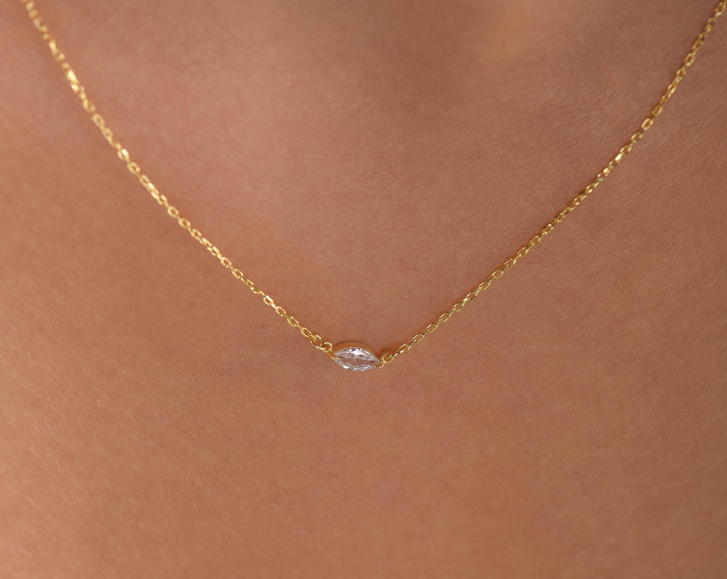14K Gold Marquise Gemstone Necklace – Dainty Bezel Set Necklace in Yellow, White or Rose Gold