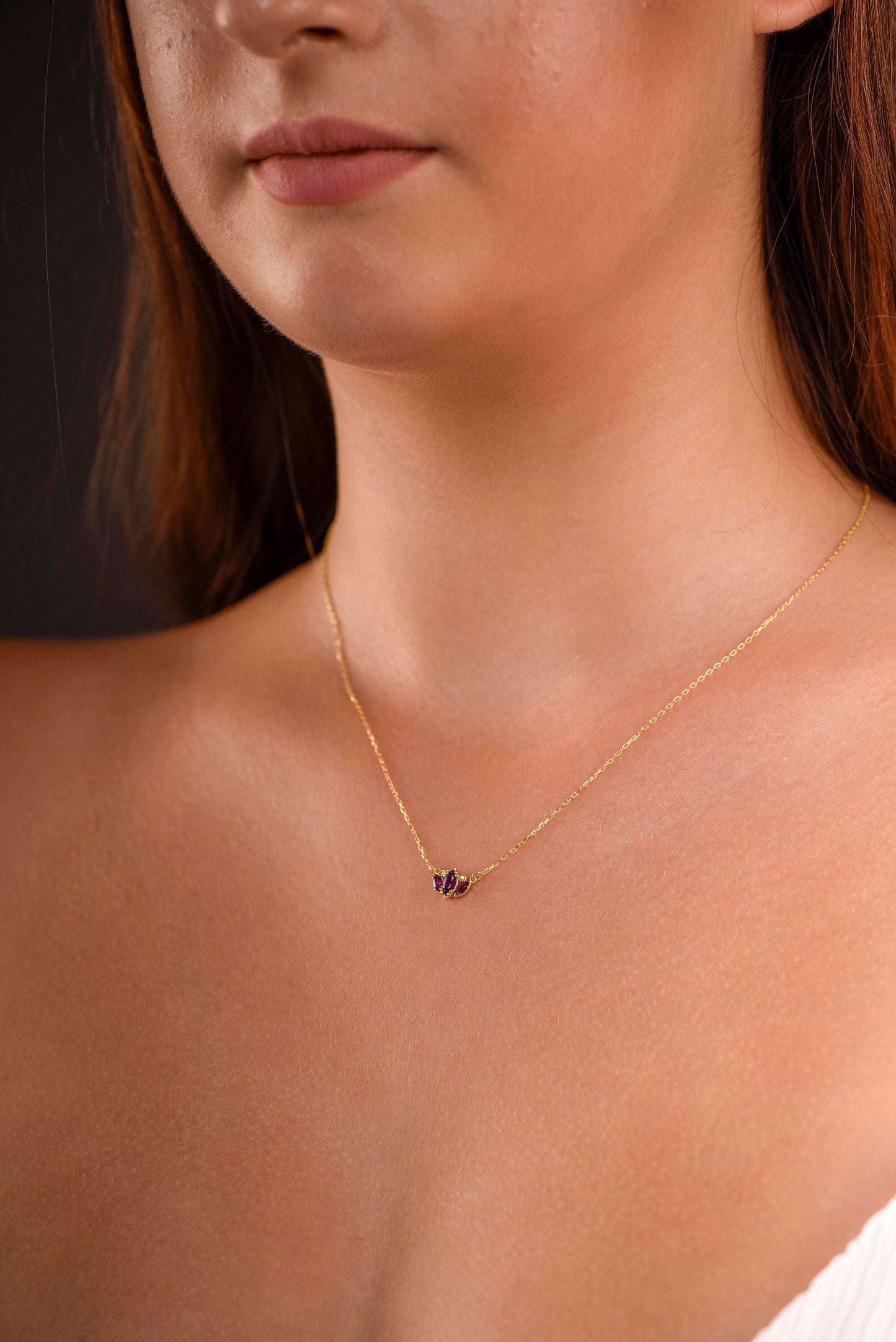 14K Yellow Gold Amethyst and Diamond Necklace - Marquise Cut Minimalist Pendant Gift for Her