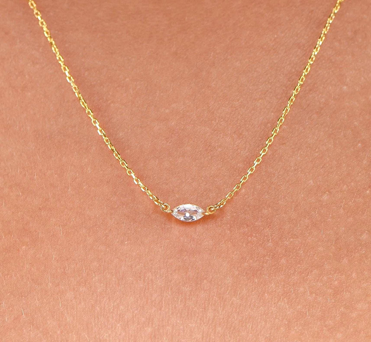 14K Gold Marquise Gemstone Necklace – Dainty Bezel Set Necklace in Yellow, White or Rose Gold