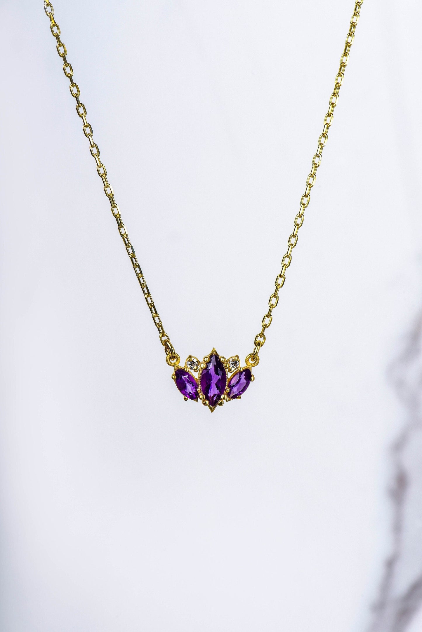 14K Yellow Gold Amethyst and Diamond Necklace - Marquise Cut Minimalist Pendant Gift for Her