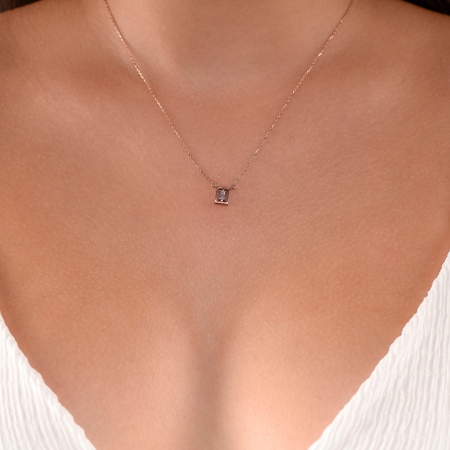 14K Solid Gold Baguette Stone Necklace,Baguette Stone Necklace,Framed Gold Necklace,Customizable Baguette Necklace, Gift For Mom