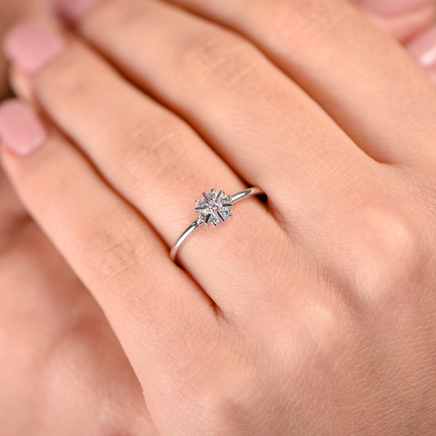 14K White Gold Diamond Snowflake Ring – Minimalist Cluster Engagement Band