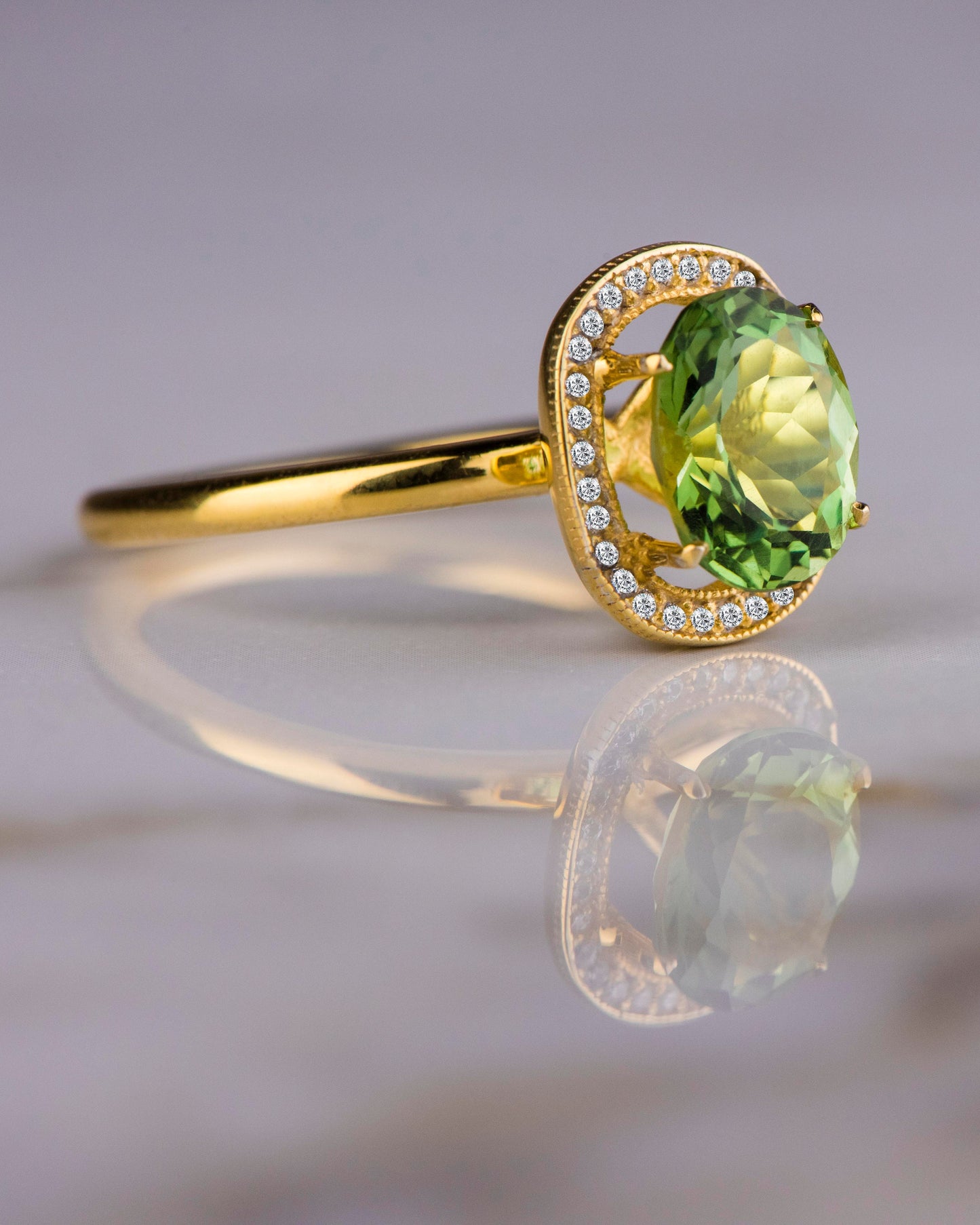 Vintage Oval Cut Peridot and Diamond Ring in 14k Solid Gold – August Birthstone Halo Ring for Her