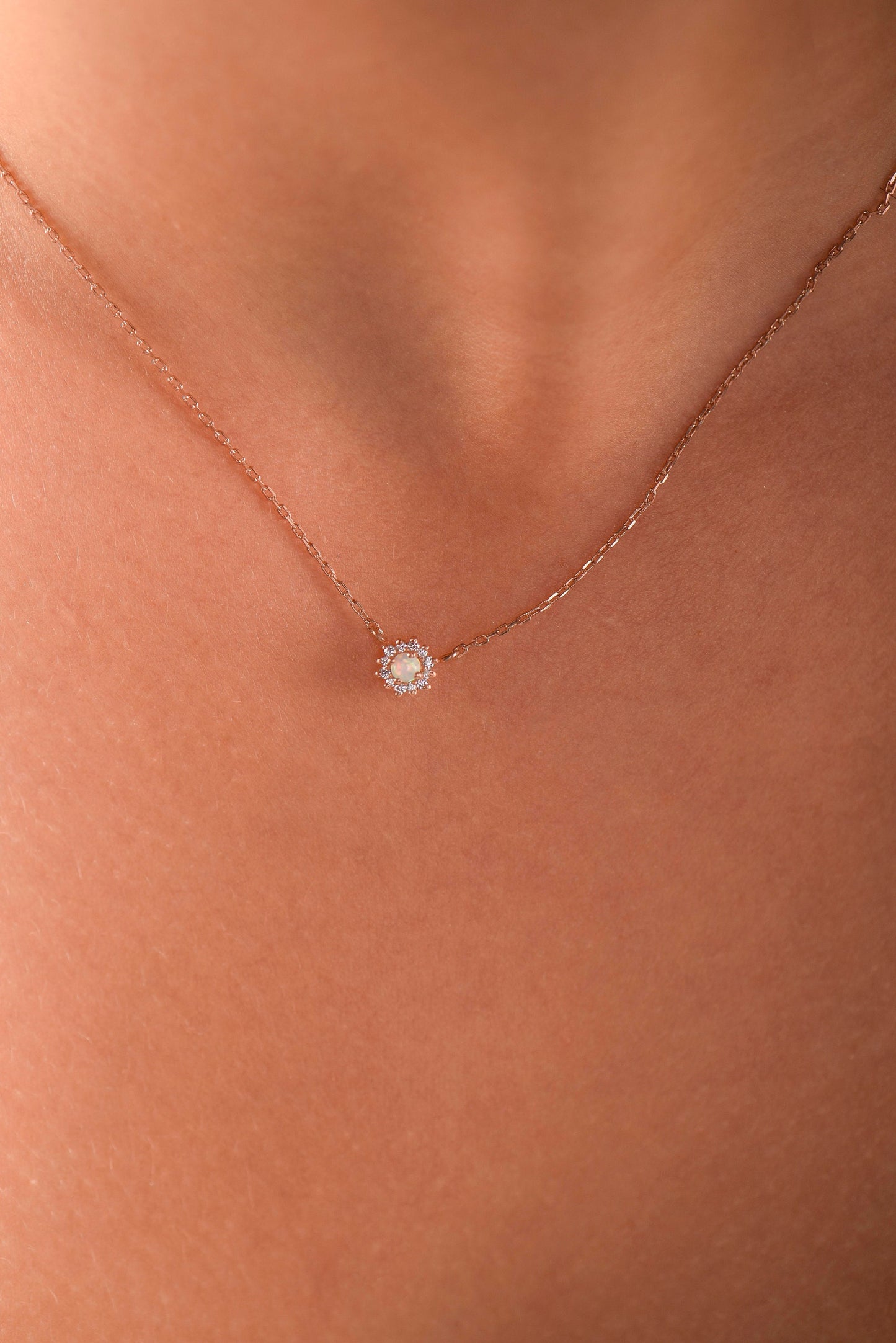 14K Rose Gold Opal and Diamond Halo Necklace - Dainty October Birthstone Pendant Gift for Her