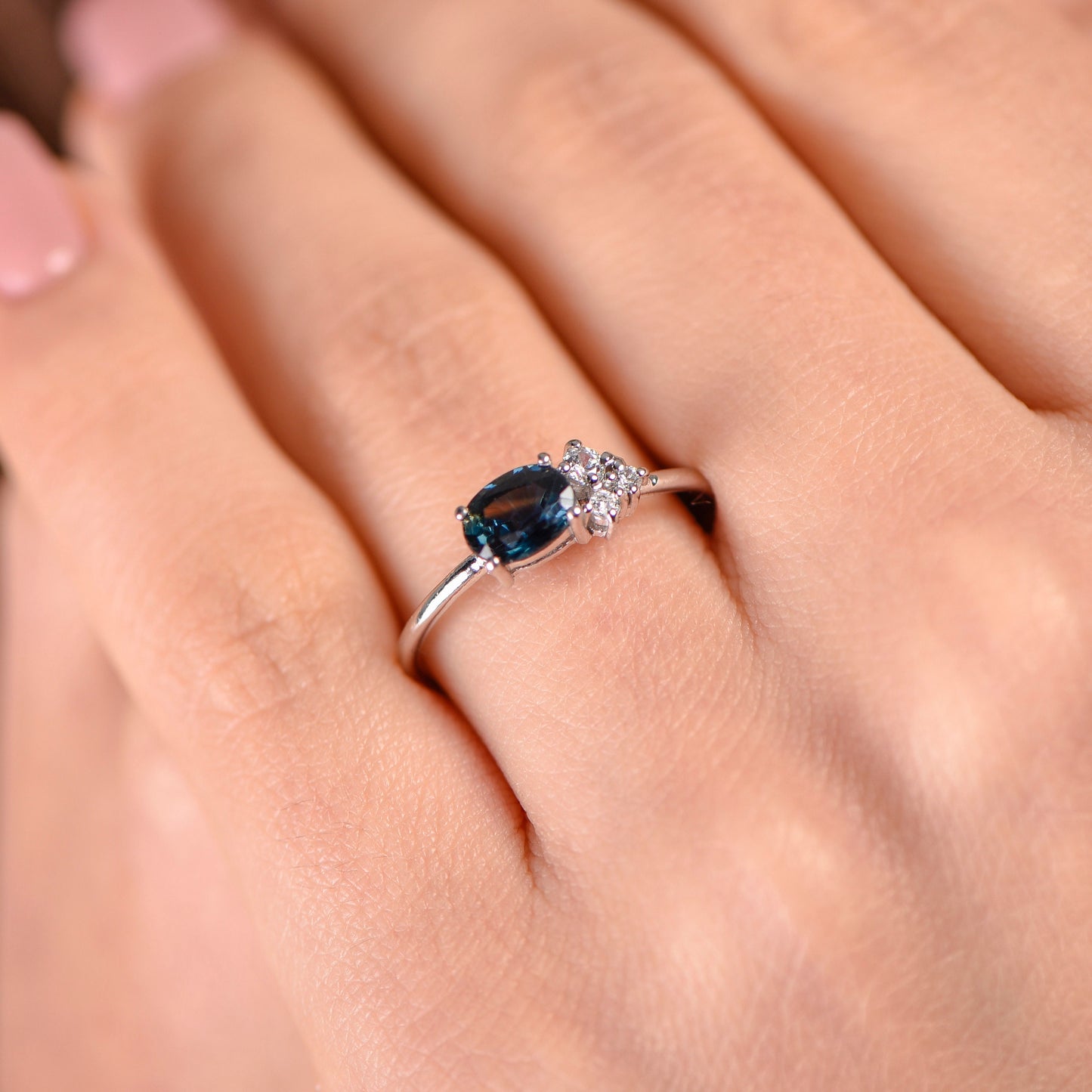 Lab Created Sapphire and Diamond Ring in 14k White Gold – Modern Minimalist Engagement or Gift Ring