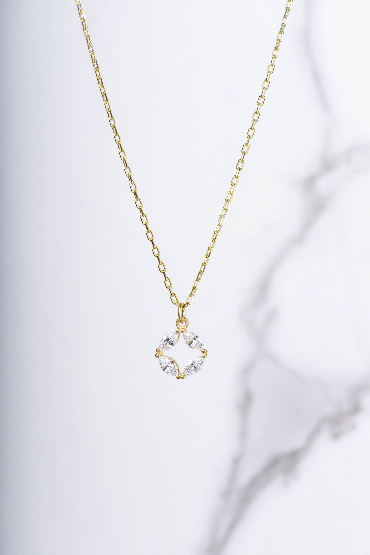 14K Yellow Gold White Sapphire Circle Necklace - Marquise Cut Gemstone Pendant for Women