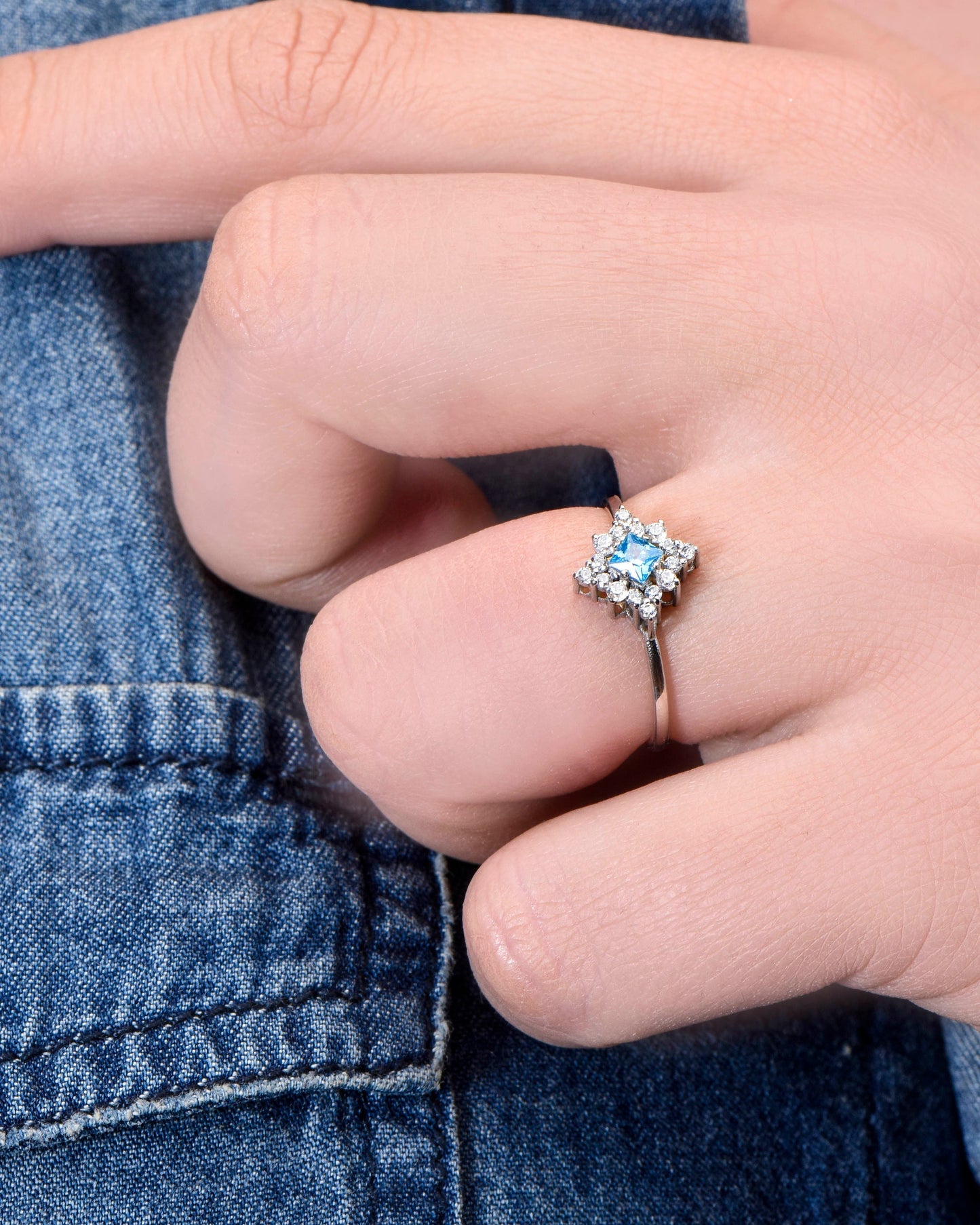 Princess Cut Blue Gemstone Halo Ring – 14K White Gold with Natural Diamonds | Vintage Inspired Handmade Mother’s Day Gift