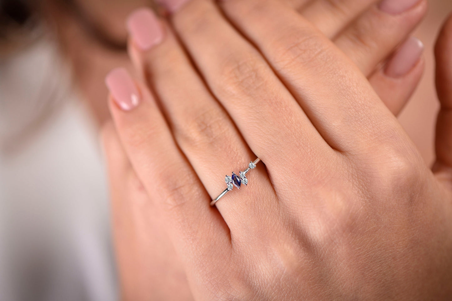 Marquise Sapphire Ring – 14K White Gold | Diamond Accent Band | Minimalist Birthstone Ring | Mother’s Day Gift