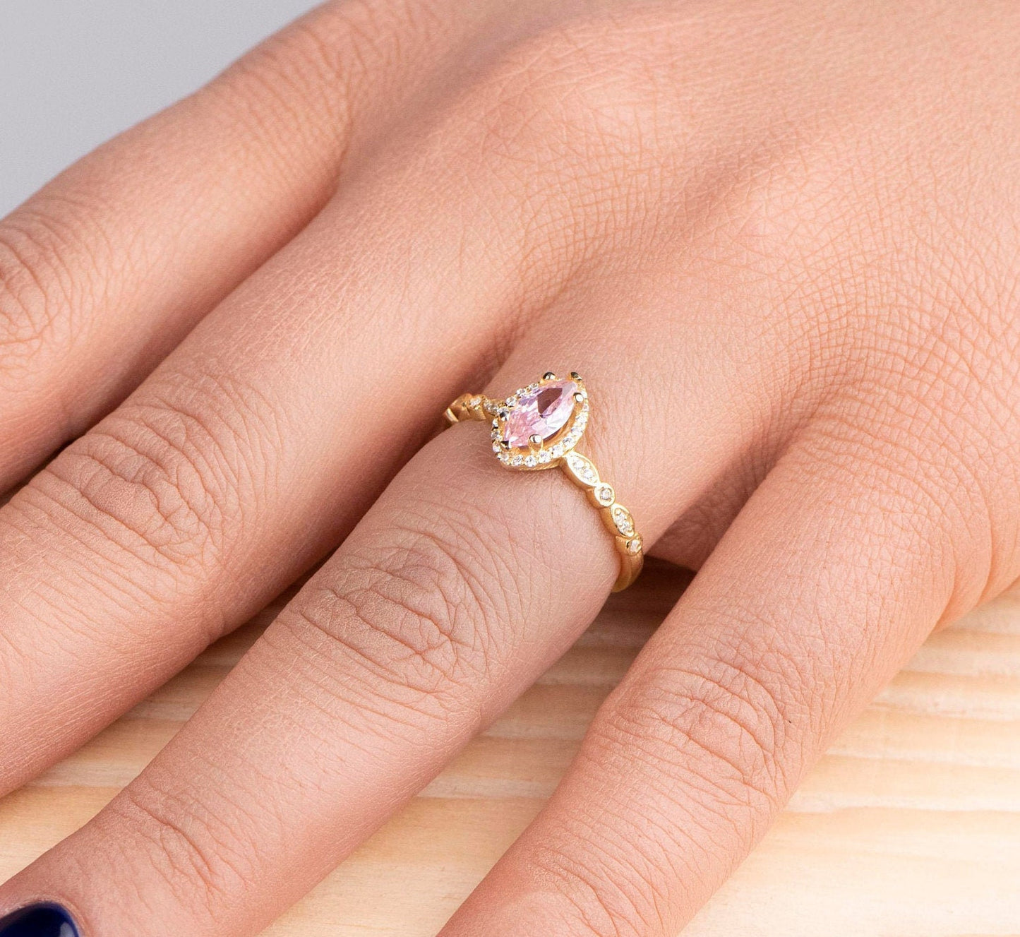 Marquise Pink Tourmaline and Diamond Ring in 14k Gold – Vintage Engagement or Mother’s Day Ring