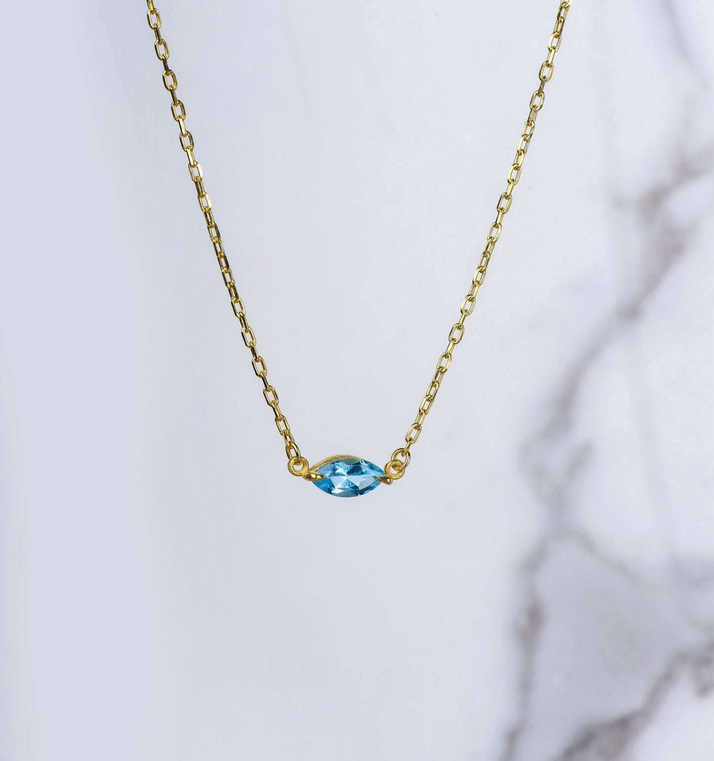 14K Gold Marquise Gemstone Necklace – Dainty Bezel Set Necklace in Yellow, White or Rose Gold