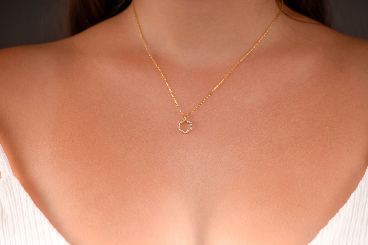 14K Yellow Gold Hexagon Diamond Necklace - Geometric Minimalist Pendant Gift for Her