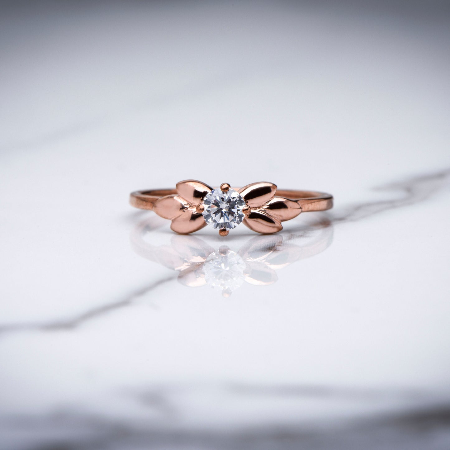 14K Solid Gold Elegant Diamond Rose Gold Solitaire Ring with Leaf Inspired Design,Perfect for Engagements, Gift For Mom