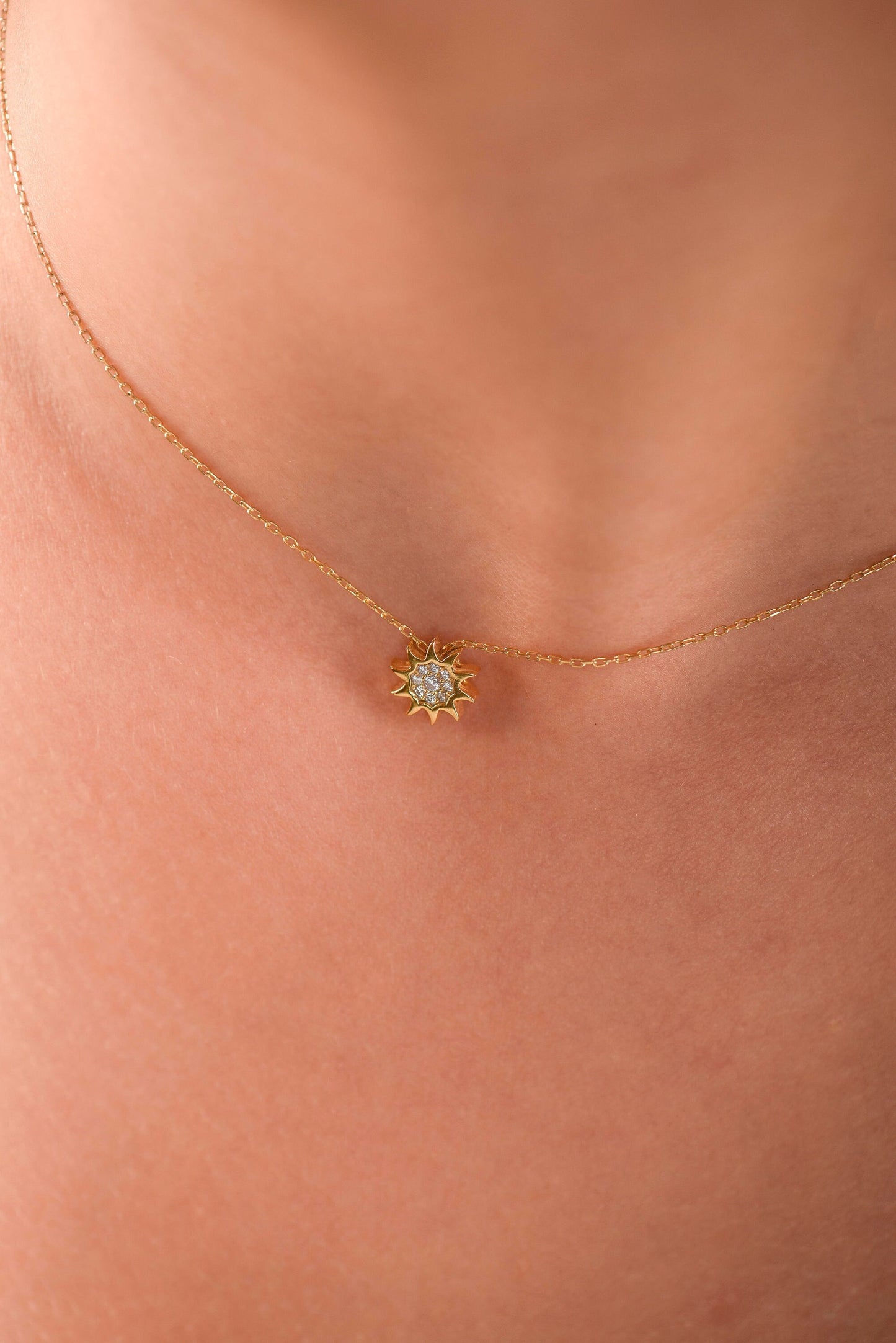 Solid Gold Sun Necklace, Minimalist Gold Necklace, Diamond Gold Necklace, Minimalist Sun Necklace, Planet Necklace, Gift For Mom
